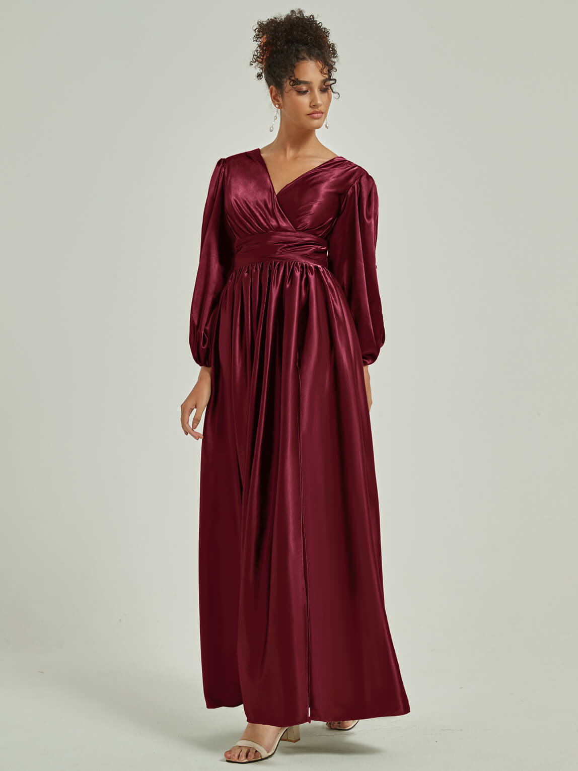 Burgundy 3/4 Sleeve V-Neck Pleated Bridesmaid Dress with Side Slit - Elegant Wedding Party, Formal Occasions & Special Events