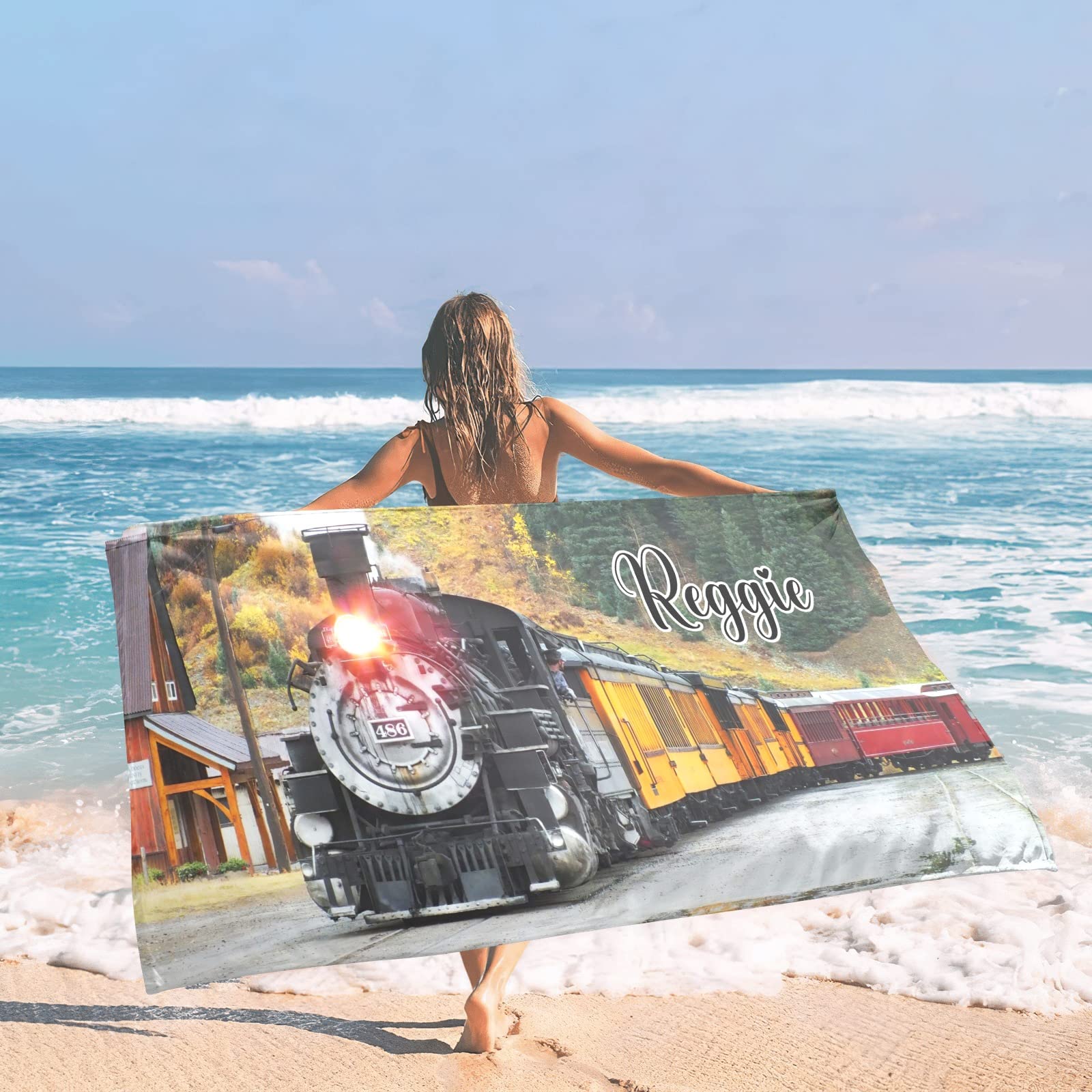 Personalized Autumn Forest Steam Train Beach Towel - Custom Pool Bath Towel 60x30 Inches - Perfect for Swimming, Beach Trips & Spa Days