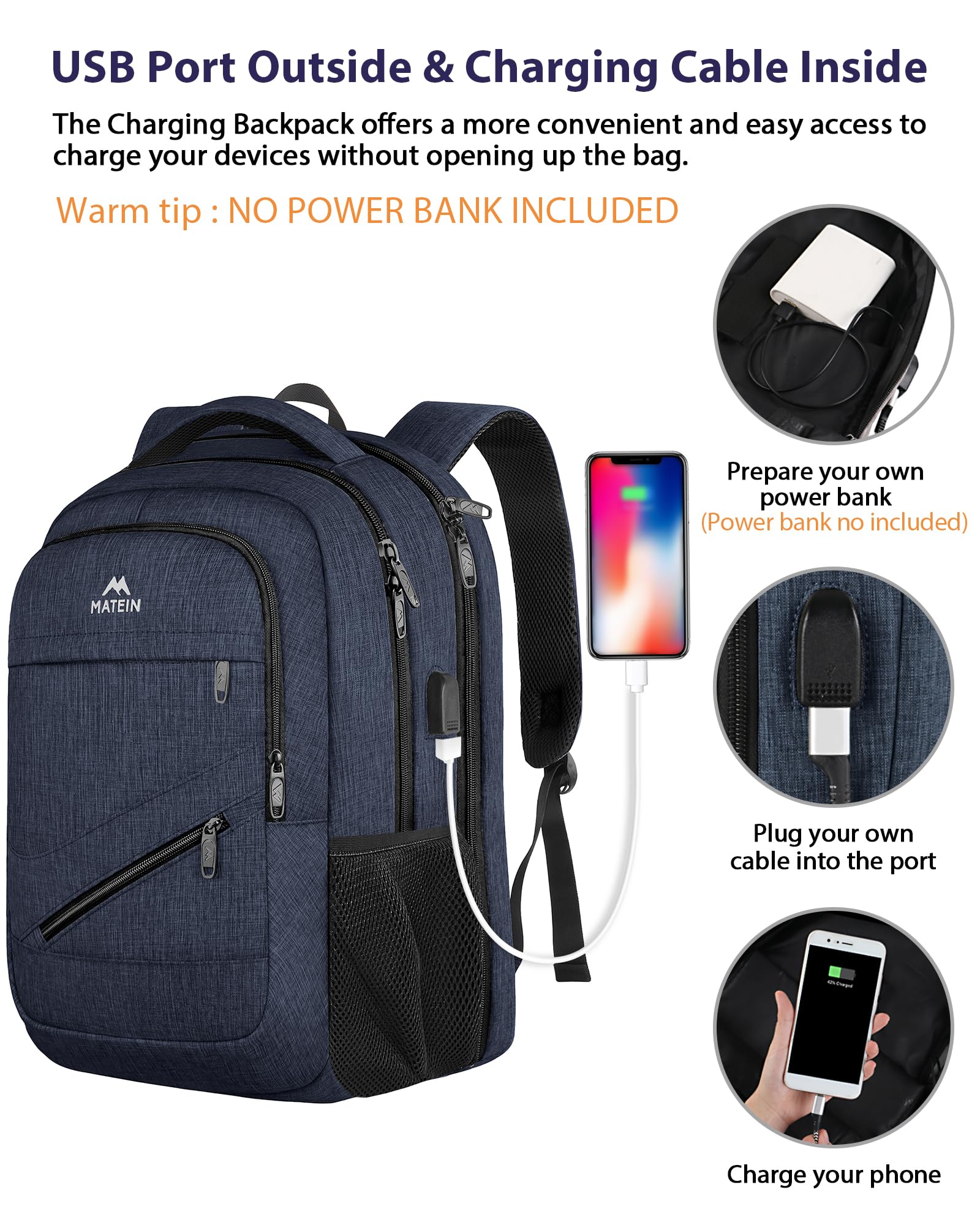 MATEIN Extra Large Laptop Backpack for Men & Women - 18.4 Inch USB Charging Port Travel Backpack, Waterproof Business Bag with Trolley Sleeve & Flight Approved Carry On - Perfect for Work Commute, College Campus & Air Travel (Dark Blue)
