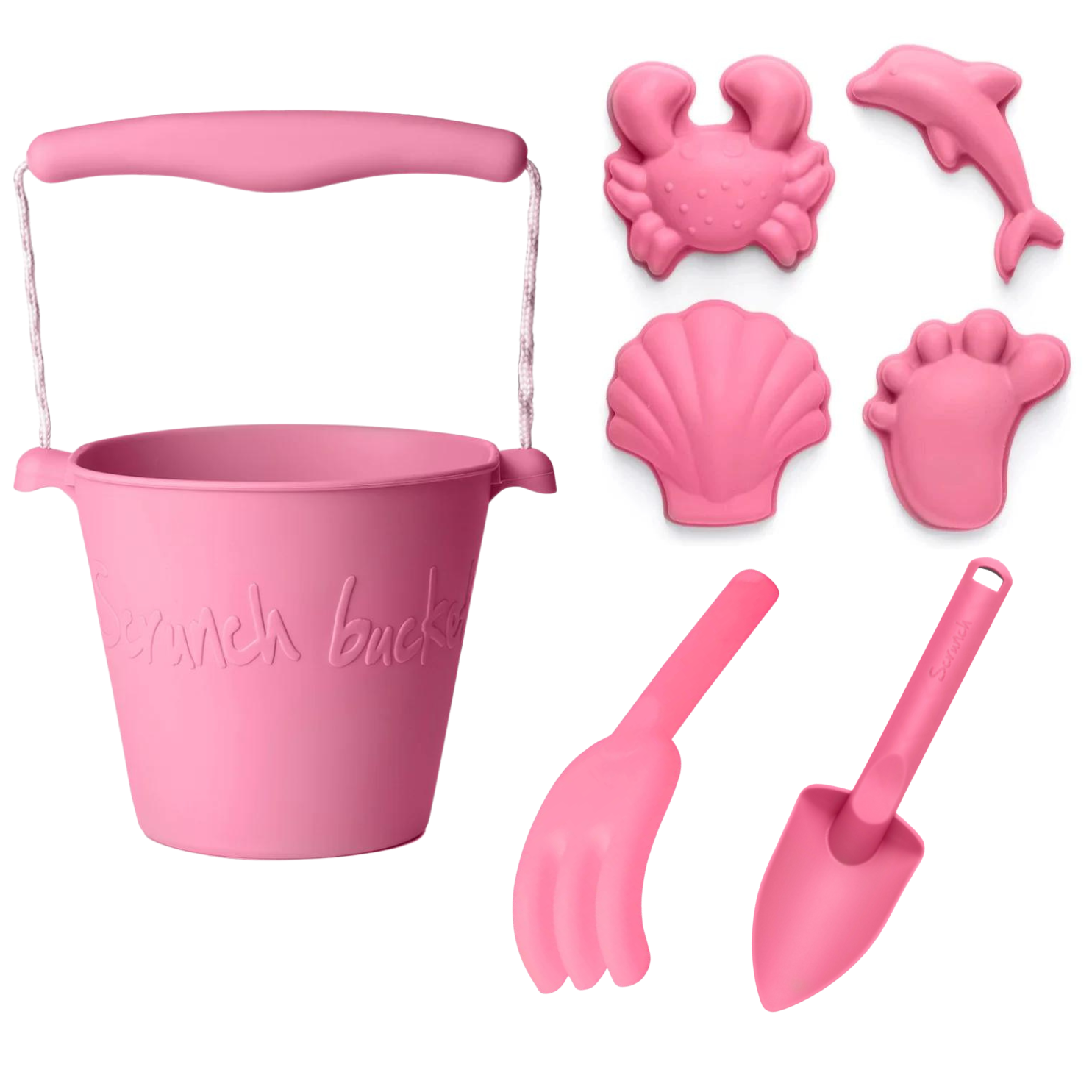 Flamingo Pink Scrunch Beach Bundle Set - Sand Bucket, Spade, Rake & Molds for Kids | Perfect for Beach Vacations, Sandcastle Building & Summer Outdoor Play