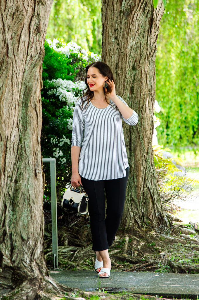 Jazz 3/4 Sleeve Top for Women - White & Black Small Stripe Bamboo Viscose Blouse - Breathable & Comfortable Summer Tops - Perfect for Casual Wear, Office Outfits & Date Nights