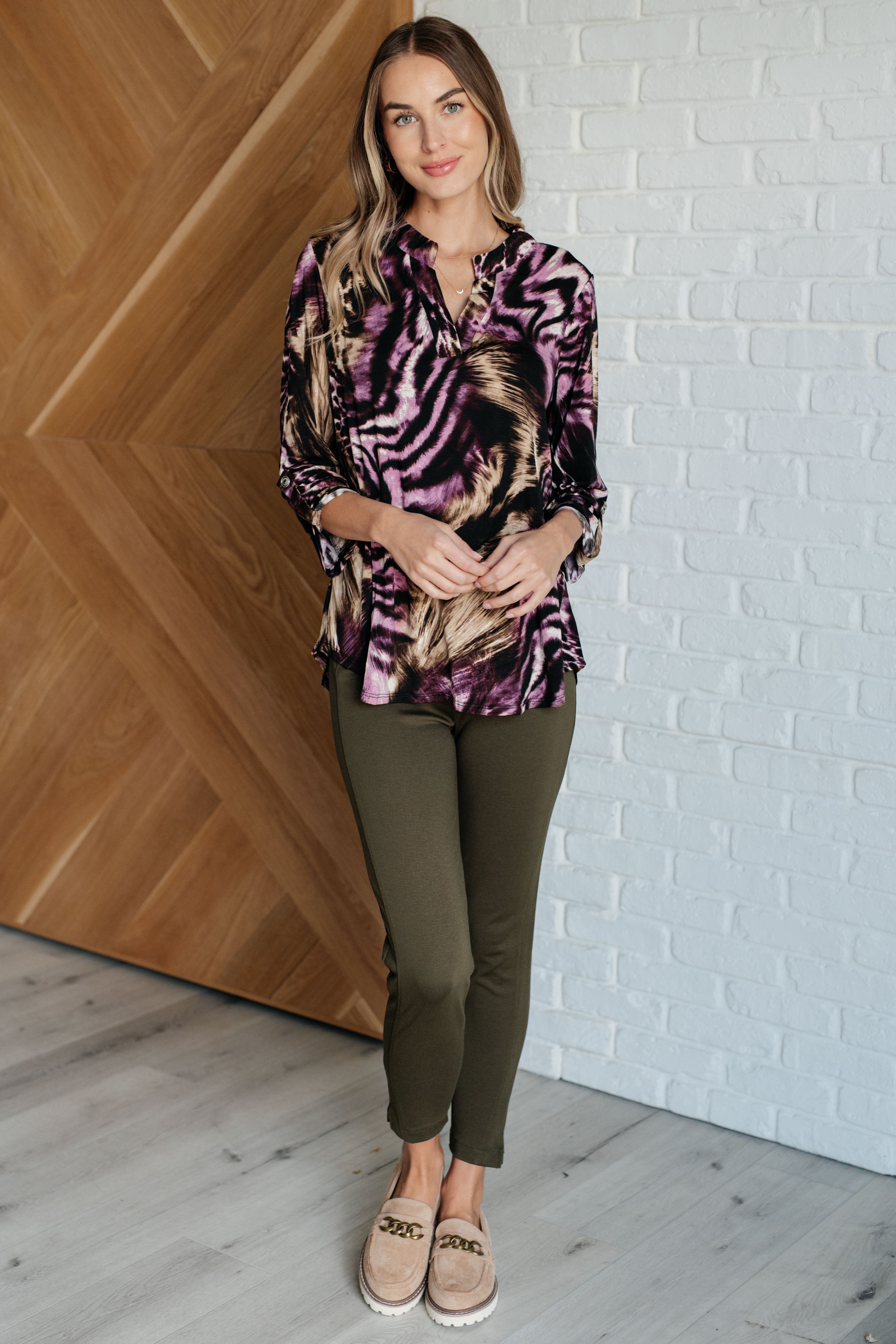 Lizzy Top - Stylish Purple & Taupe Animal Print Blouse for Women | Trendy Casual & Night Out Outfits