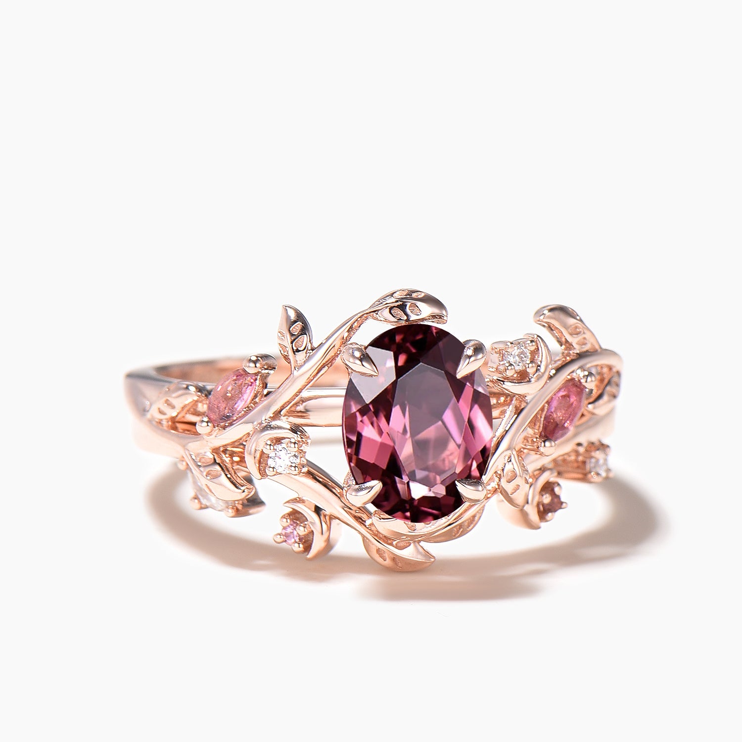 Natural Pink Tourmaline & Diamond Wedding Ring Set - Oval Cut Nature Inspired Leaf Moon Bridal Jewelry for Engagement, Anniversary & Special Occasions
