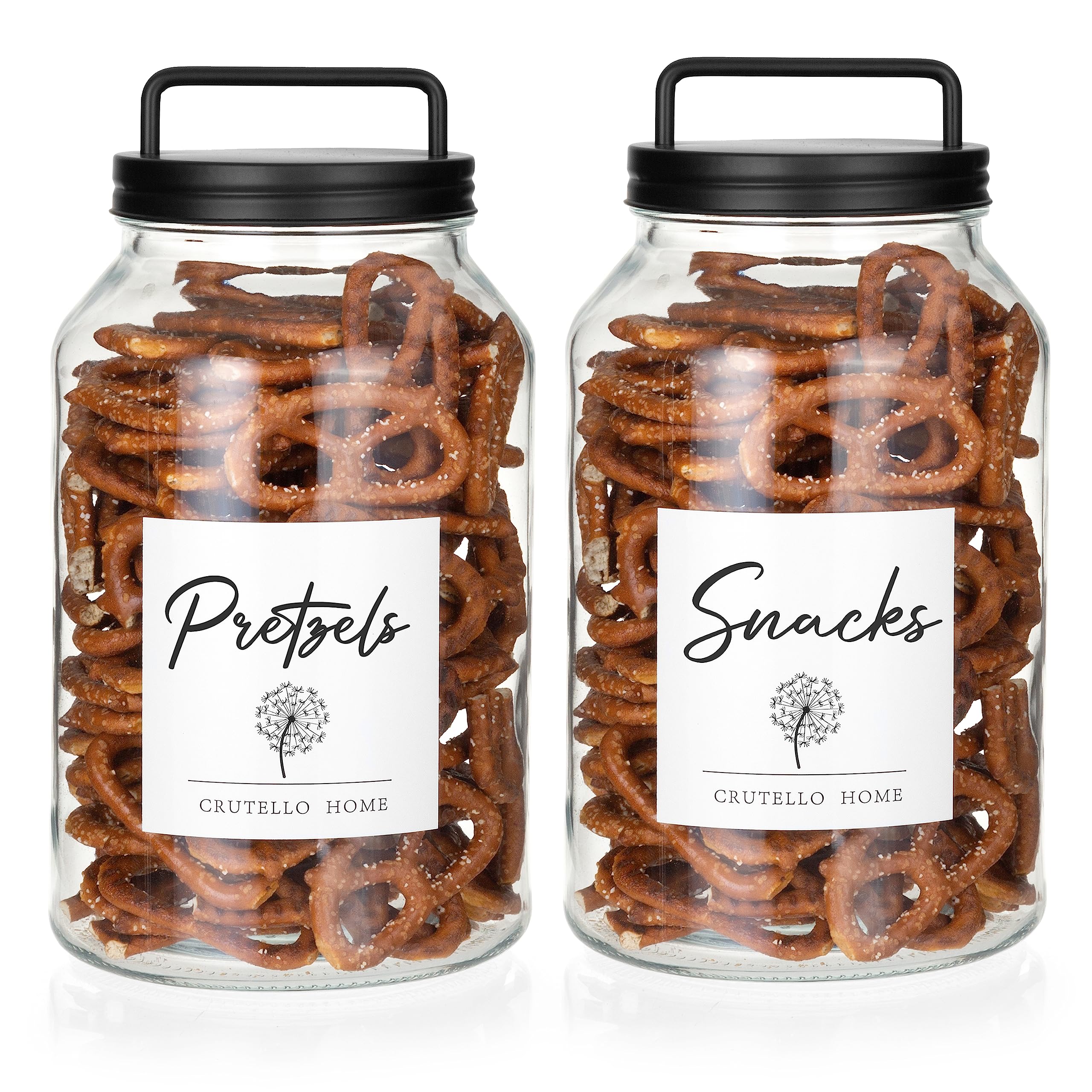 Crutello Large 1-Gallon Glass Canisters Set - 2 Pack with Black Stainless Steel Airtight Lids & Labels - Perfect for Cookie Storage, Laundry Room Organization, Pantry Food Containers & Kitchen Canisters - Ideal for Baking, Meal Prep & Home Decor