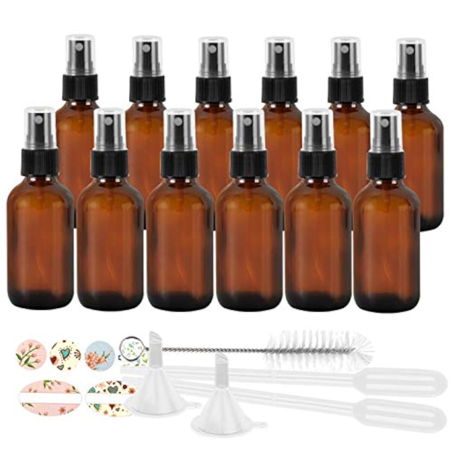 STARSIDE 12 Pack (120 ml) 4oz Amber Glass Spray Bottles with Fine Mist Sprayer & Dust Cap - Essential Oil Bottles, Perfume Spray Bottles, Cleaning Solution Containers - Includes 1 Brush, 2 Funnels, 2 Droppers & 18 Labels - Perfect for DIY Beauty, Aromatherapy & Home Cleaning