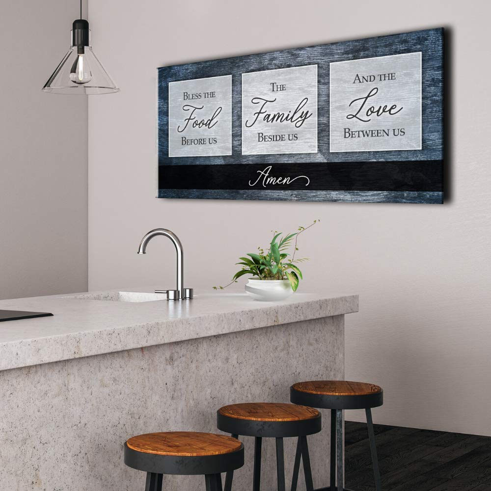 Bless the Food V2 Blue Framed Kitchen Wall Art Sign - 42x19 Inch Rustic Dining Room Decor for Farmhouse & Modern Homes - Perfect for Kitchens, Dining Areas & Entryway Decorations