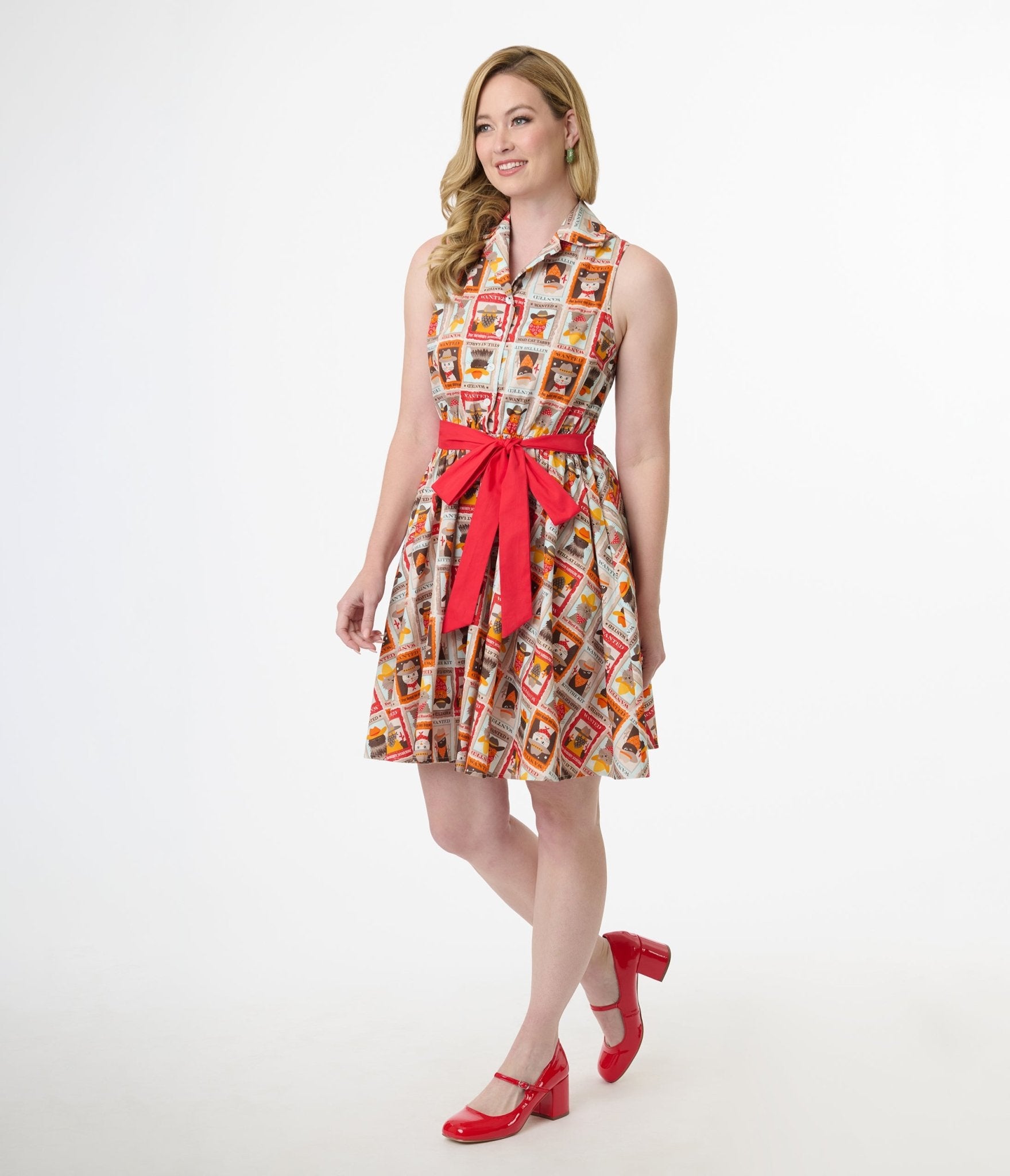 Smak Parlour 1960s Vintage Wanted Cats Print Cotton Flare Dress - Retro Swing Dress for Women, Perfect for Parties, Date Nights & 60s Themed Events
