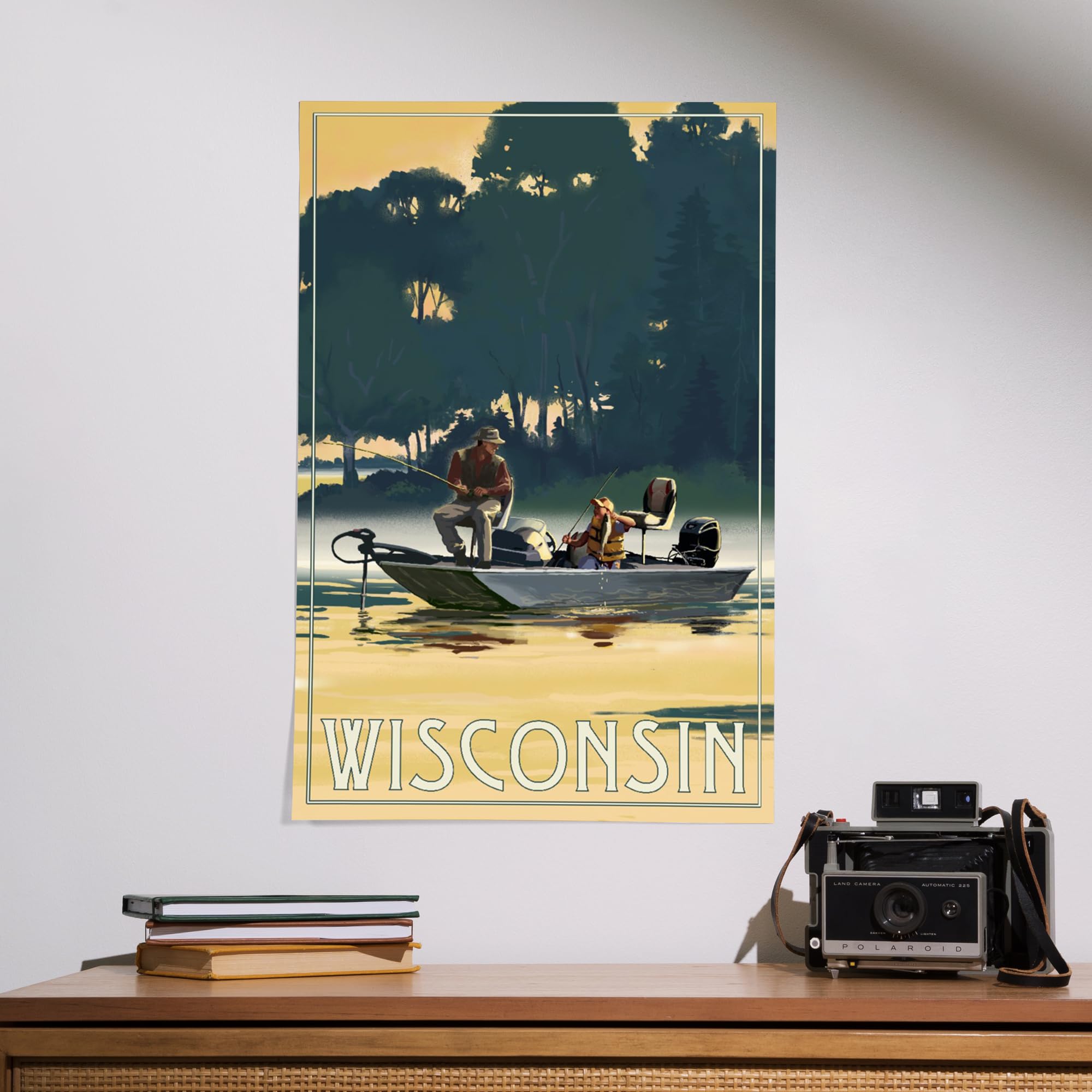 Lantern Press 16x24 Inch Giclee Art Print - Wisconsin Landscape with Fishermen in Boat - Wall Decor for Living Room, Bedroom & Office