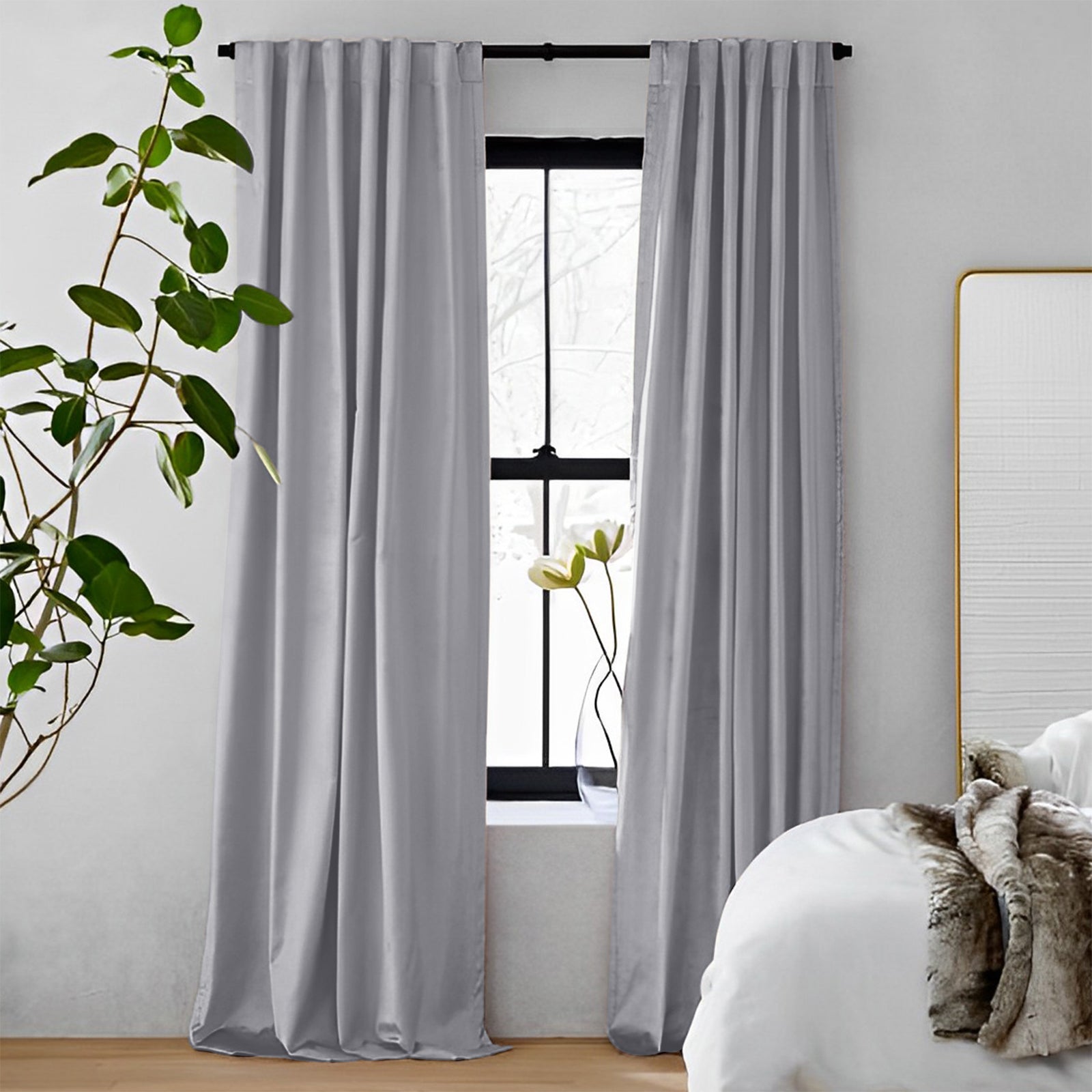 Luxury Black & Gray Velvet Blackout Curtains - Heavyweight Thermal Insulated Drapes with Soft Top Back Tab for Bedroom & Living Room | Noise Reducing & Light Blocking Window Treatments
