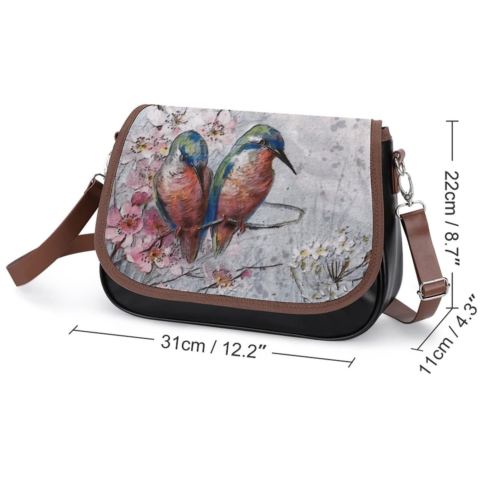 Printed Crossbody Shoulder Bag for Women - PU Leather Designer Satchel with Kingfisher Oil Painting Art - Perfect for Travel, Shopping & Everyday Use