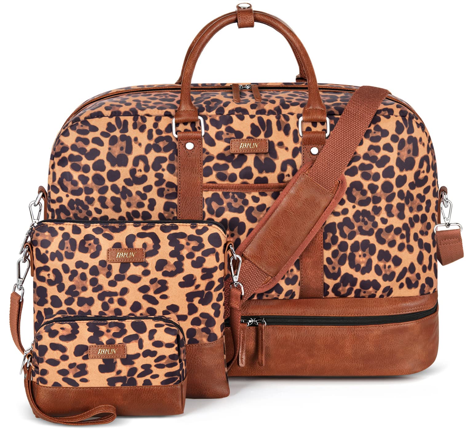 IBFUN Women's Weekender Bag - Large Canvas Overnight Travel Duffel with Shoe Compartment, Carry On Tote Bag (21 Inch, 3 Piece Set) - Perfect for Weekend Getaways, Gym & Air Travel