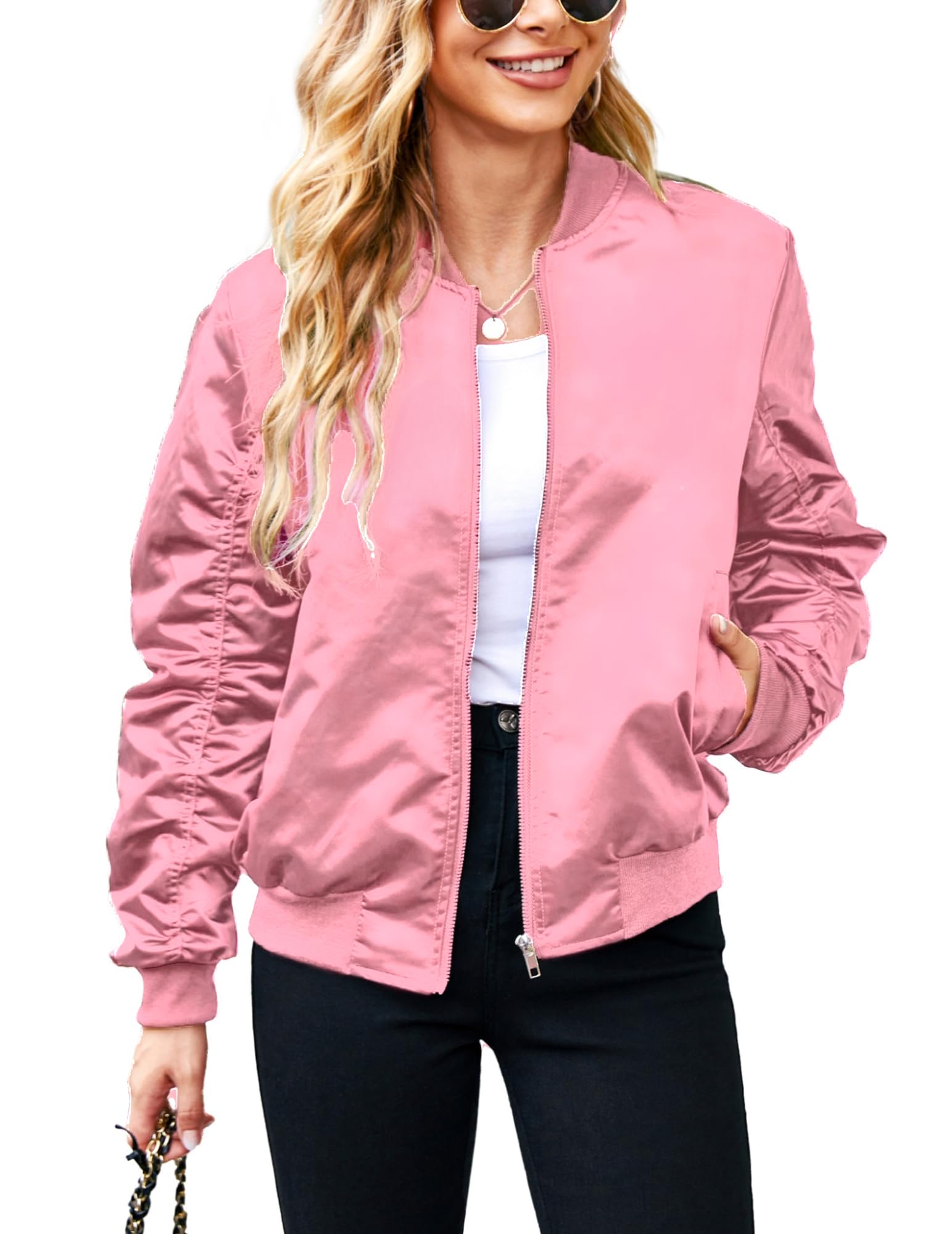 ACEVOG Women's Bomber Jacket - Zip Up Casual Oversized Coat with Pockets | Fall Fashion Outerwear for Streetwear, Travel & Everyday Wear