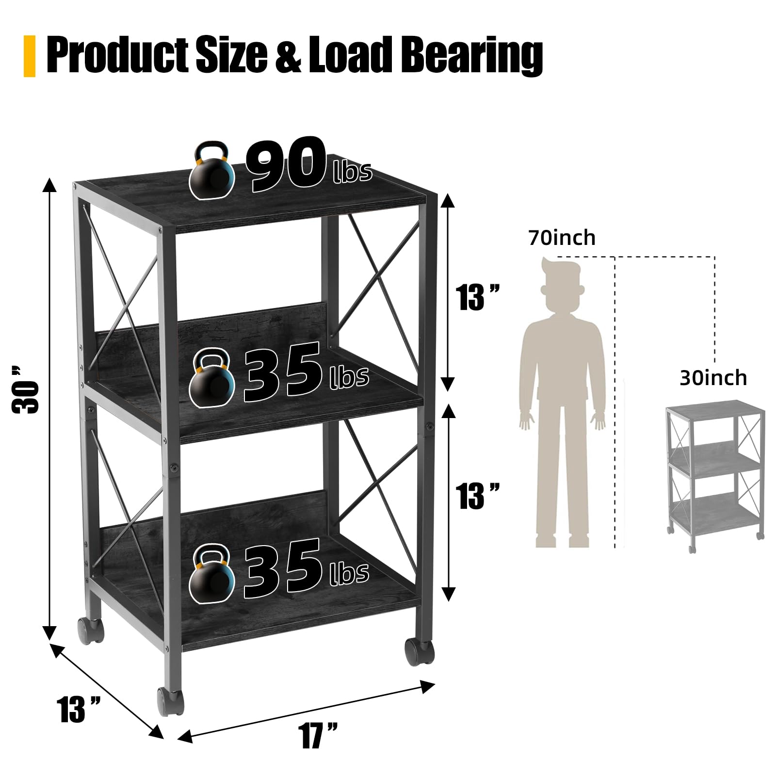 TooCust 3-Tier Rolling Printer Stand with Storage Shelf - 17x13x30 Inches, Mobile Printer Cart for Home Office, Black - Perfect for Organizing Printers, Scanners & Office Supplies