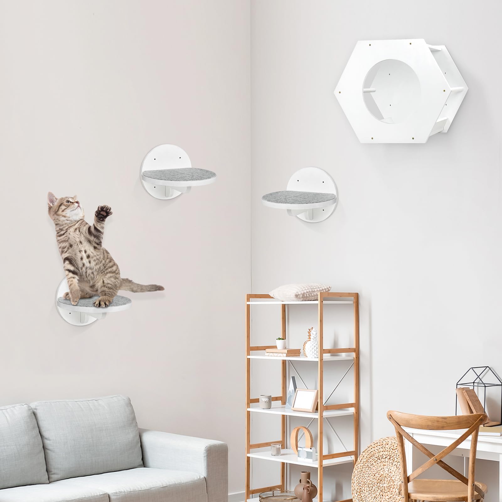 Y&ME YM 3-Packs Wall Mounted Cat Climbing Shelves with Scratching Pad - Multi-Level Cat Steps, Ladder & Furniture for Sleeping, Climbing & Play - Perfect for Small Spaces & Cat Enrichment (White)