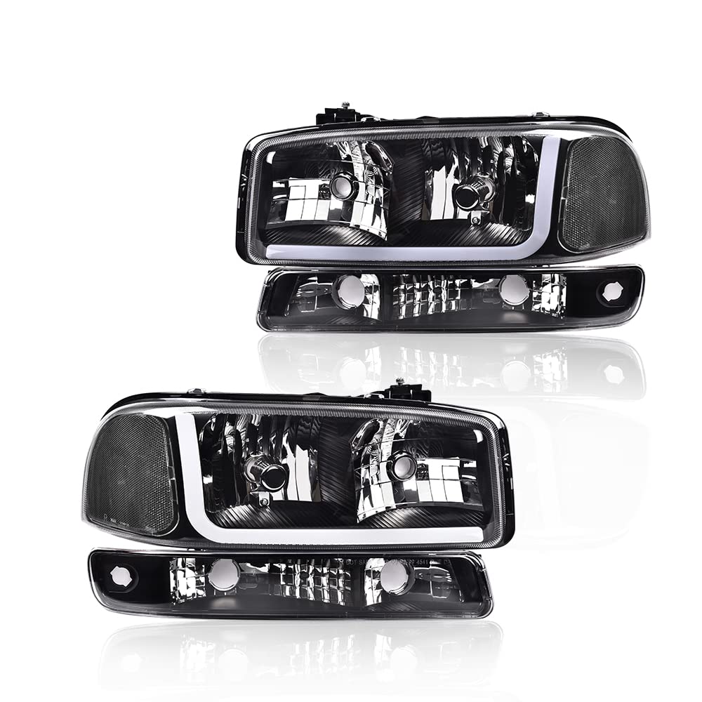 High-Performance LED Headlights for GMC Sierra 1500/2500 (1999-2007) & Yukon (1999-2006) - Black Housing with Clear Lens & Reflector - Includes Bumper Signal Lamps - Perfect for Night Driving & Off-Road Adventures