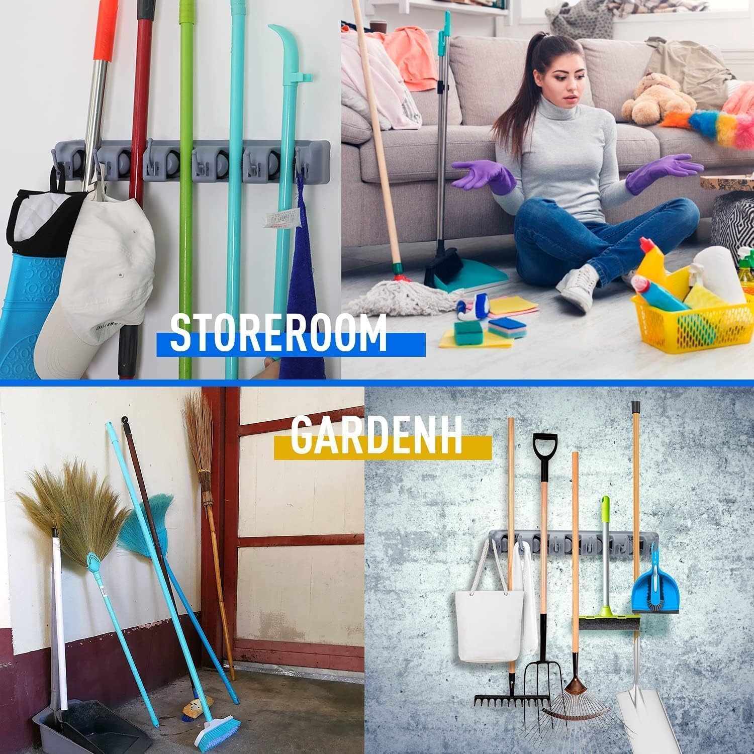 Heavy Duty Wall Mount Broom and Mop Holder with Hooks - Space Saving Garage, Laundry Room & Garden Tool Organizer Rack - Durable Grey Storage Solution for Brooms, Mops, Garden Tools and Cleaning Supplies
