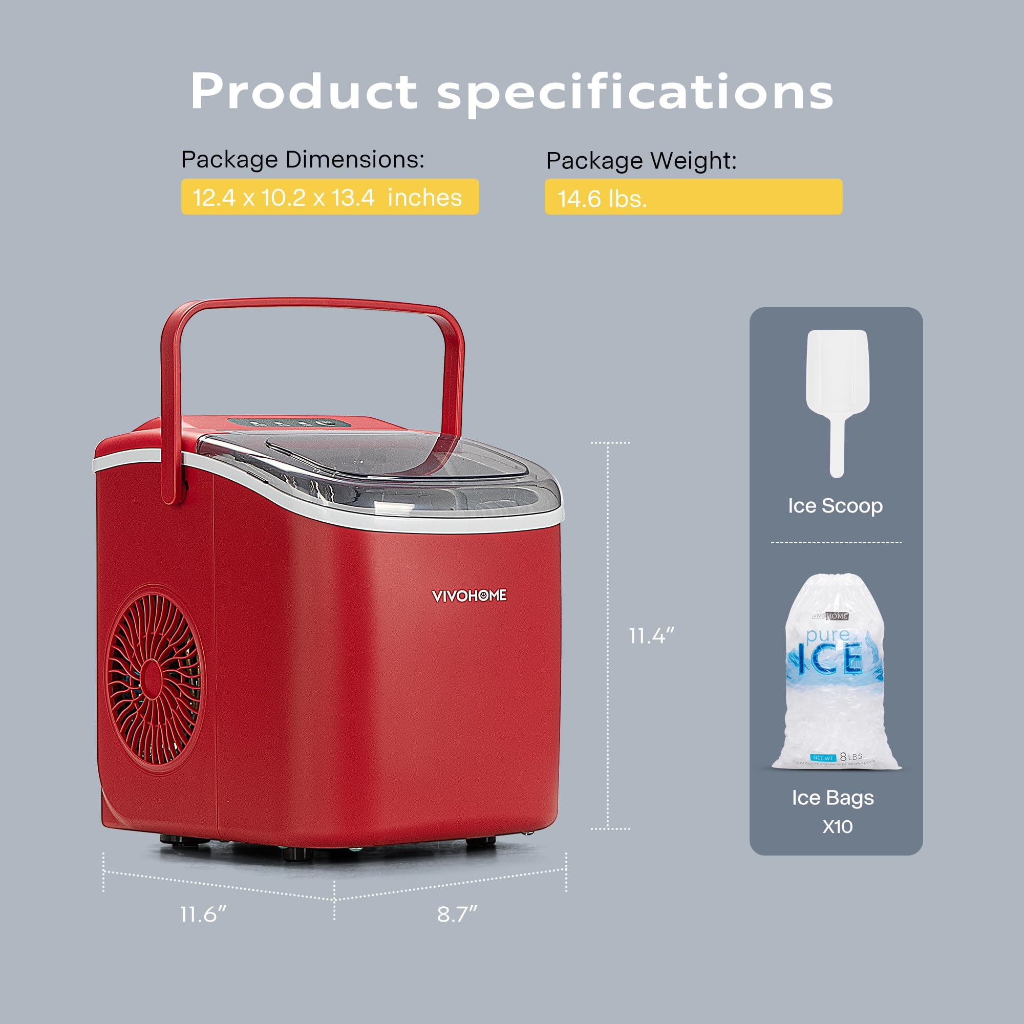 VIVOHOME 26lbs/Day Portable Countertop Ice Maker Machine - Fast 9 Ice Cubes in 6 Minutes, Self-Cleaning with Handle, Includes 10 Ice Bags (Red) - Perfect for Home, Office, Parties, RVs, and Outdoor Events