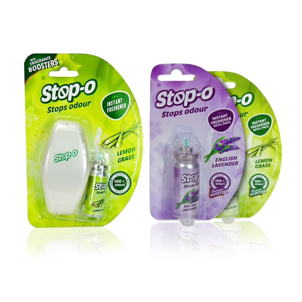 Stop-O One Touch Power Spray - Instant Bathroom & Toilet Freshener with Lemongrass & Lavender Scent | 100 Sprays per Refill (1 Dispenser + 3 Refills) | Eliminates Odors Fast for Home, Office & Public Restrooms
