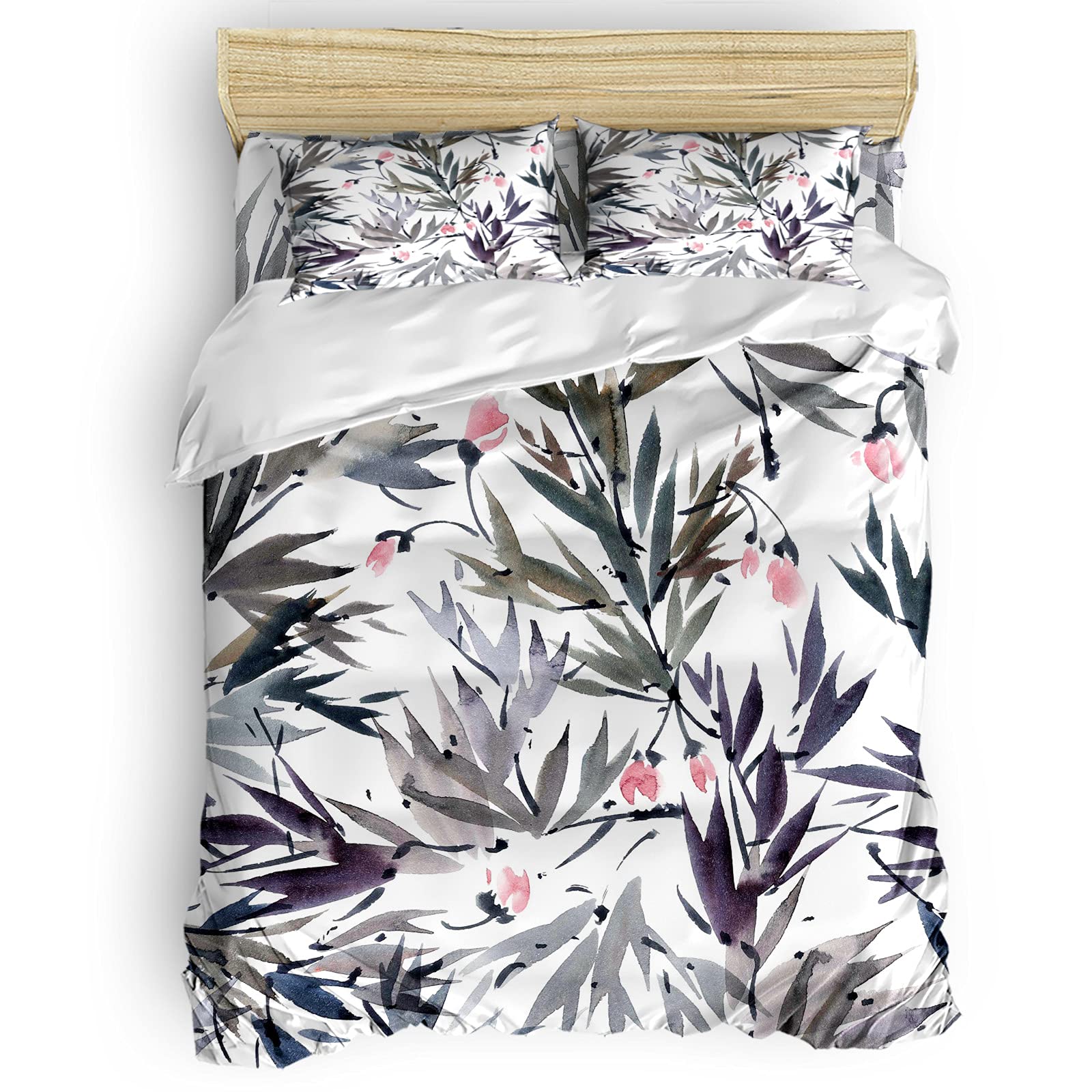 **Findamy Queen Size Bamboo Duvet Cover Set - Ultra Soft Microfiber Bedding with Zipper Closure & Corner Ties, Includes 2 Pillow Shams - Floral Bamboo Ink Painting Design for Cozy & Stylish Bedroom Decor**
