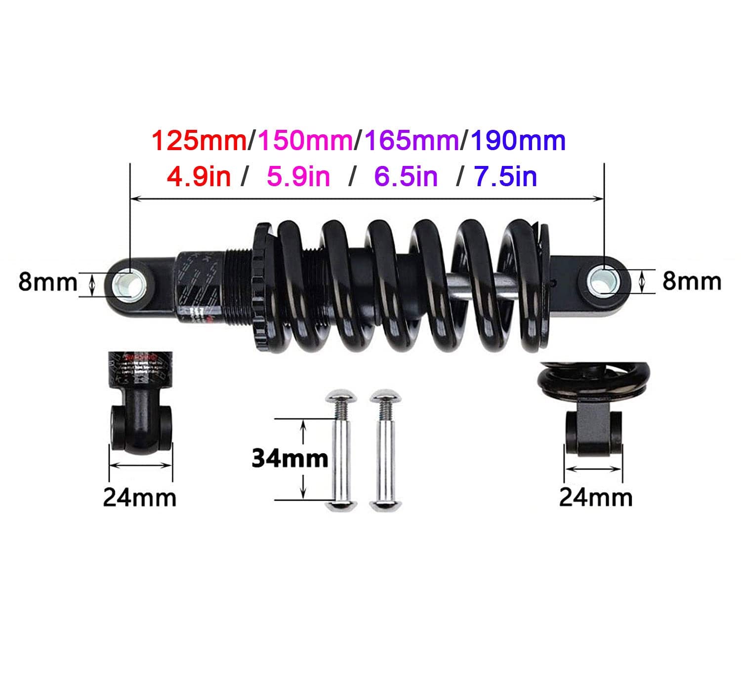 650/850/1500lbs Mountain Bike Rear Suspension Spring Shock Absorber - 125mm/150mm/165mm/190mm Travel - Compatible with Electric Scooters & Folding Bikes - Perfect for Off-Road Trails, Commuting & Urban Riding