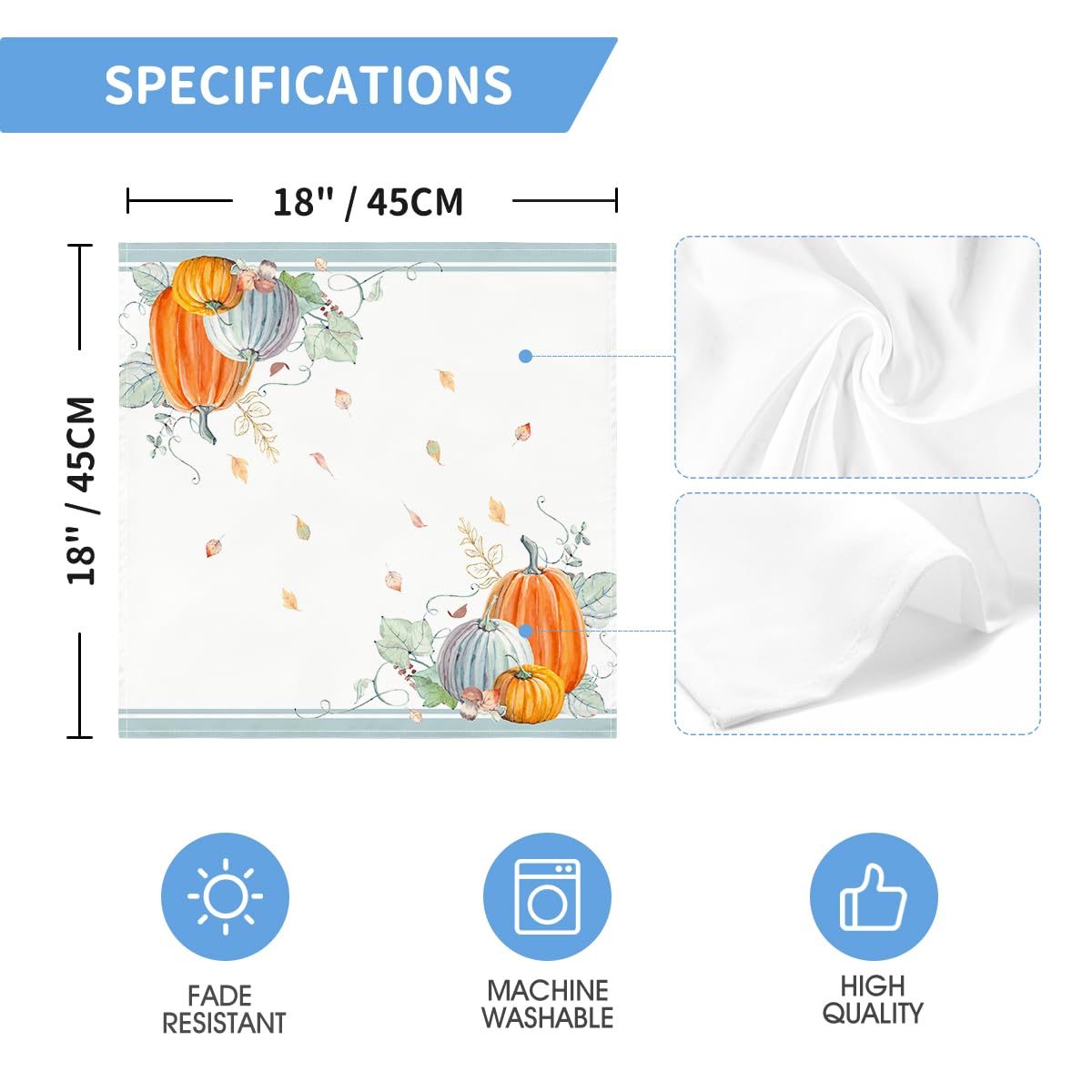 Premium 18x18 Inch Fall Cloth Napkins Set of 8 - Thanksgiving Harvest Orange & Blue Pumpkin Leaf Design - Washable Reusable Dinner Napkins for Autumn Parties, Holiday Decorations & Seasonal Table Settings