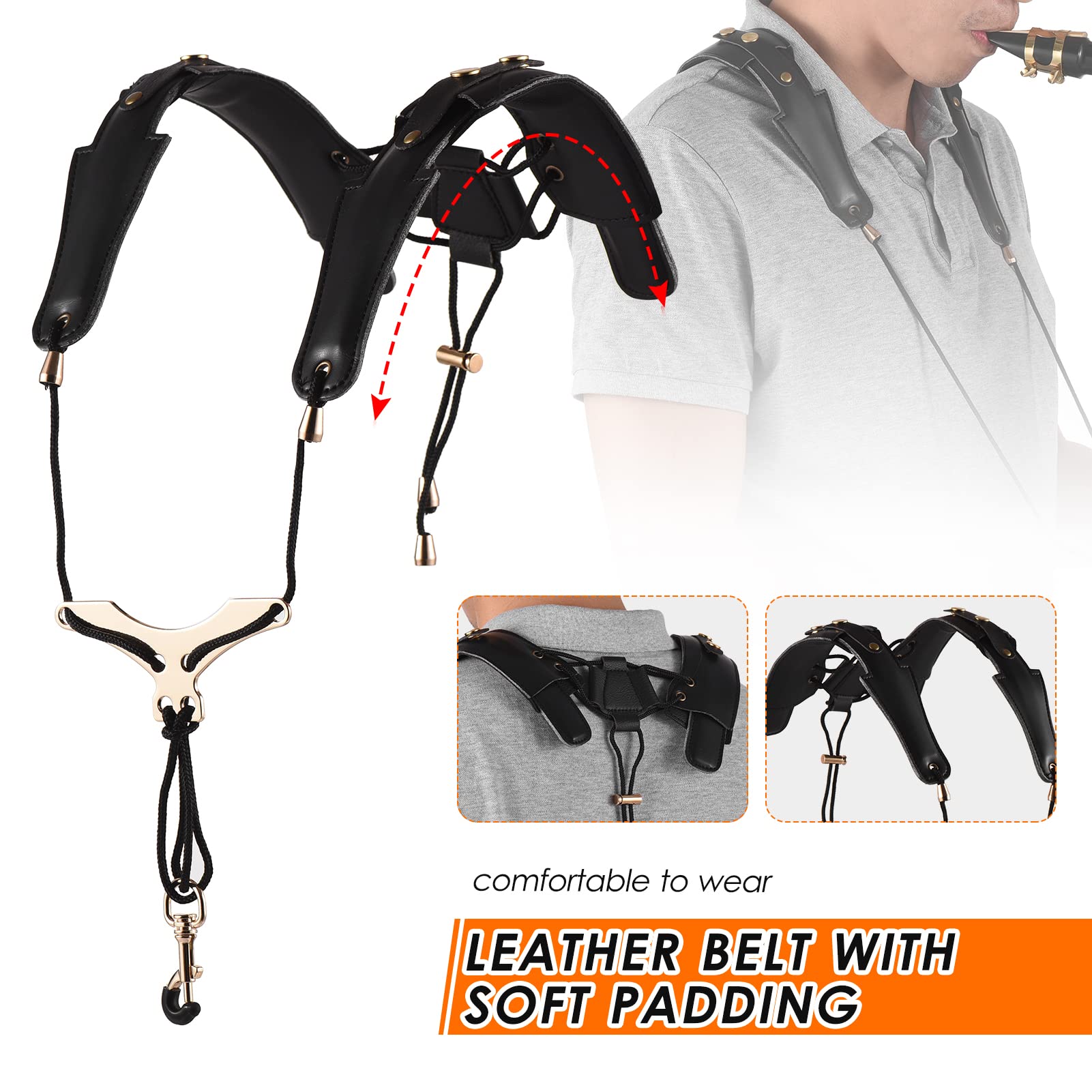Adjustable Padded Leather Saxophone Strap with Metal Hook - Comfortable Shoulder Harness for Tenor, Soprano, Alto Saxophones & Clarinet - Perfect for Band Performances, Music Lessons & Practice Sessions