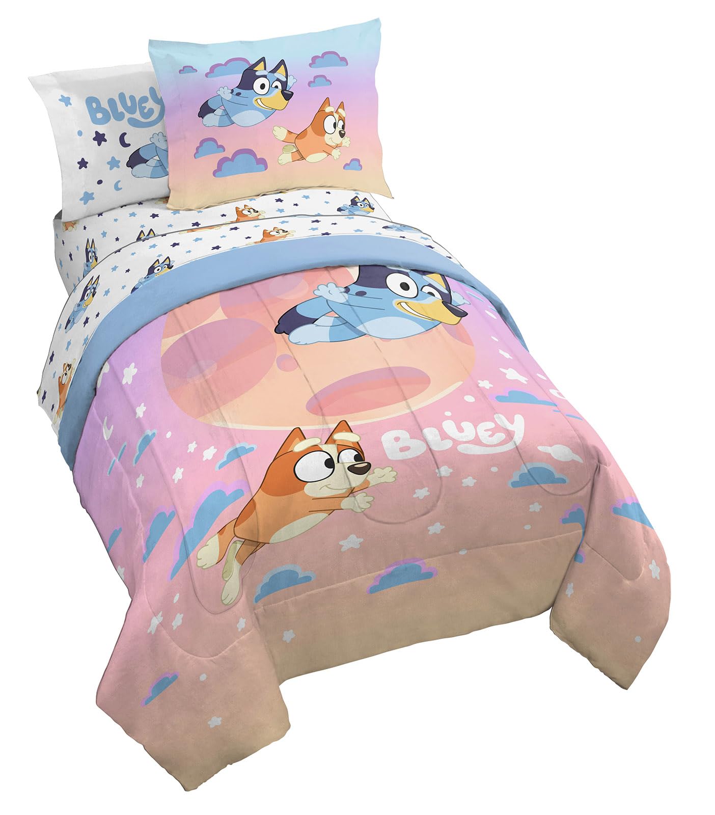 Jay Franco Bluey & Bingo 7-Piece Kids Comforter Set - Super Soft Clouds & Stars Bedding Includes Sheet Set & Pillow Covers - Perfect for Boys & Girls Bedrooms, Sleepovers & Nursery Decor