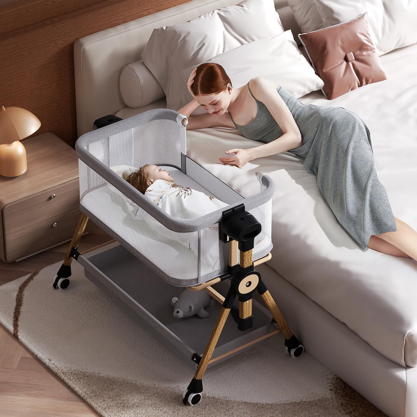 **Portable Baby Bassinet with Adjustable Height & Storage - 6-Level Bedside Sleeper for Newborns, Breathable Mesh Sides, Wheels & Rocking Function - Perfect for Nursery, Co-Sleeping & Travel**