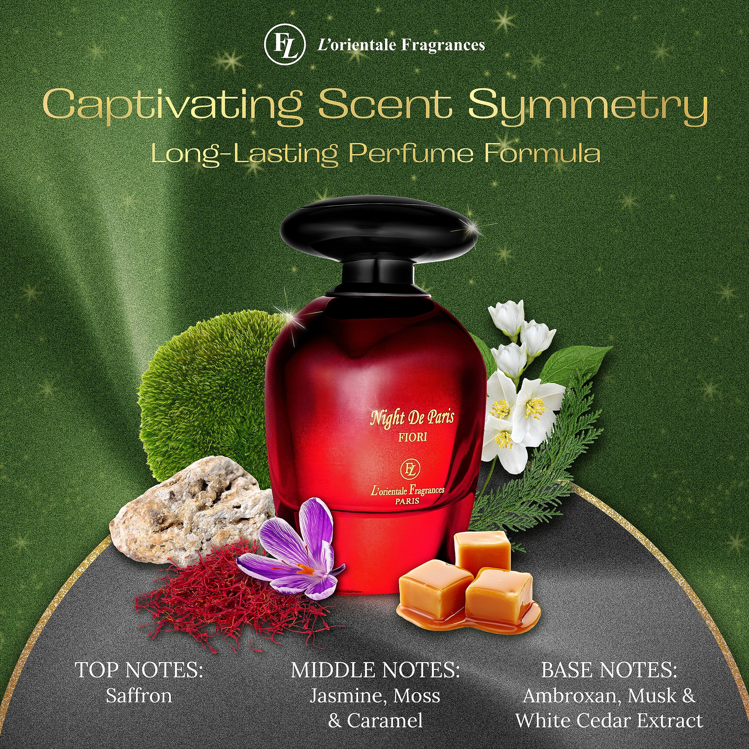 L'Orientale Fragrances Night De Paris Fiori 100ml / 3.3oz - Unisex Amber Floral Eau de Parfum for Women & Men | Long-Lasting 24-Hour Oil-Based Perfume | All-Season Luxury Fragrance for Date Nights, Special Occasions & Daily Wear