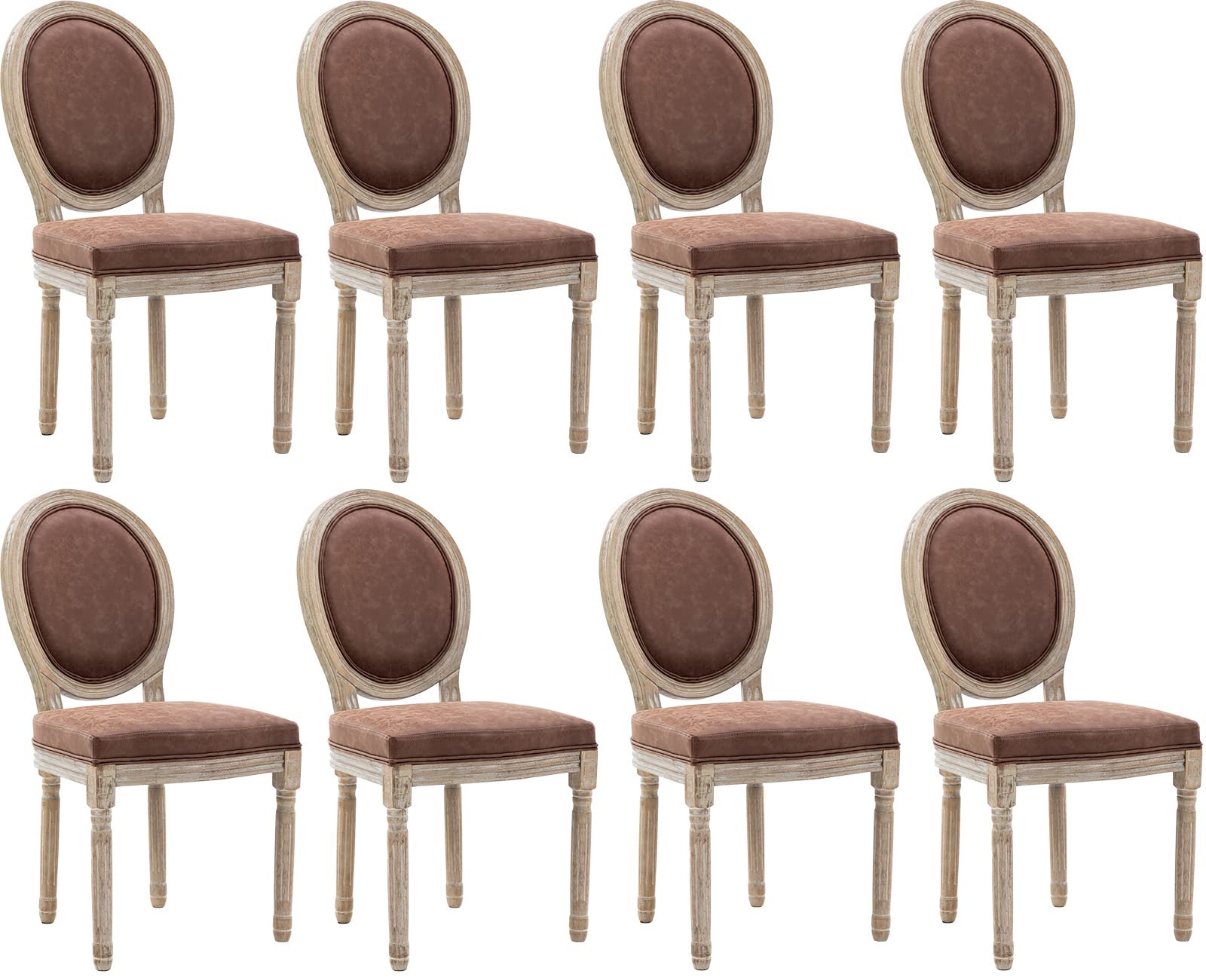 Kmax PU Leather Dining Room Chairs Set of 8 - French Farmhouse Style Round Back Kitchen Chairs for Living Room & Dining Area, Brown - Perfect for Home Decor, Family Gatherings & Entertaining Guests