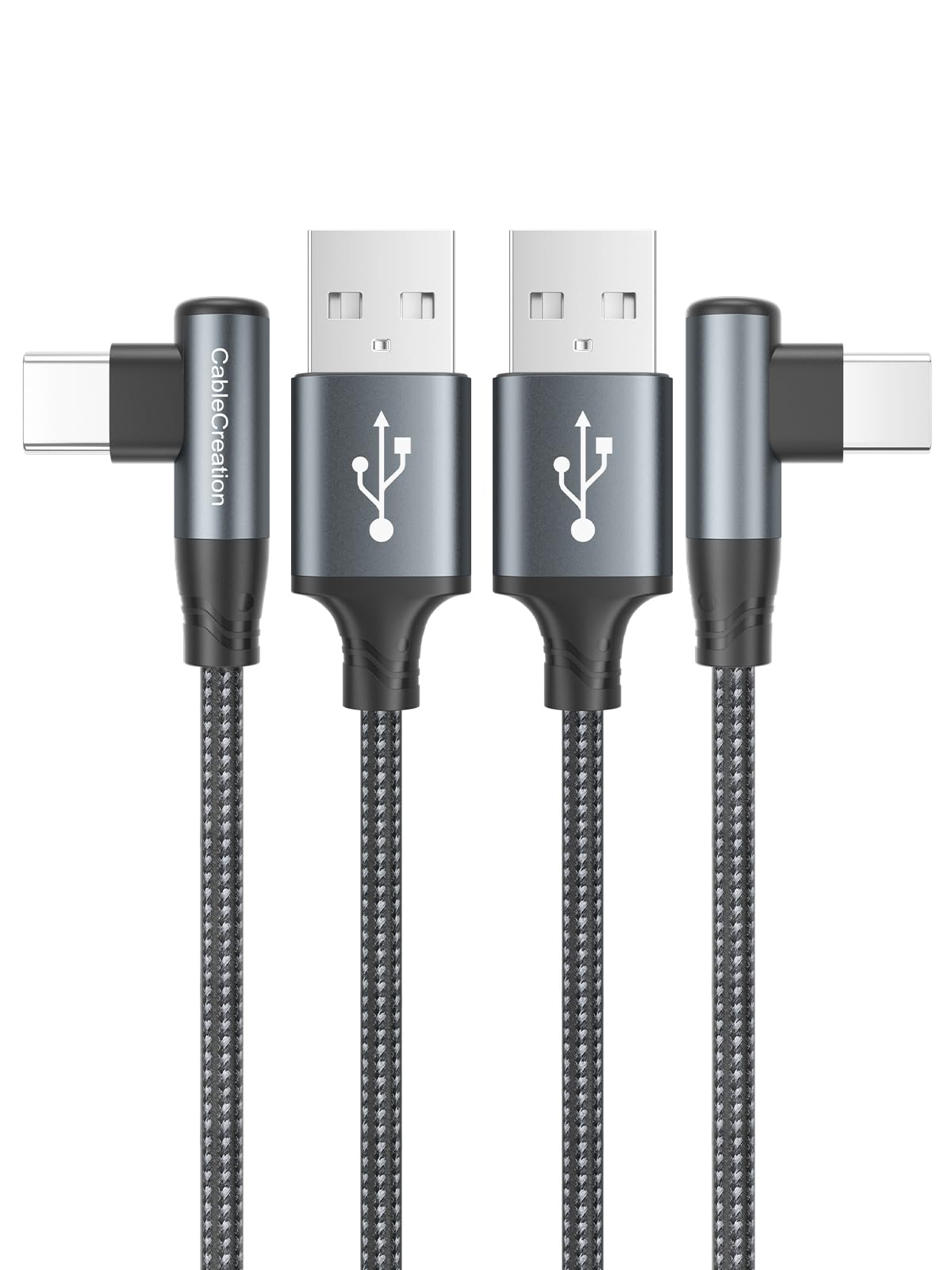 CableCreation 2-Pack 1.6FT USB-A to USB-C Fast Charging Cable, 90 Degree Right Angle Nylon Braided 3A Charger Cord for iPhone 15, Samsung Galaxy S24, MacBook, iPad Pro, Nintendo Switch - Perfect for Car, Home & Office Charging