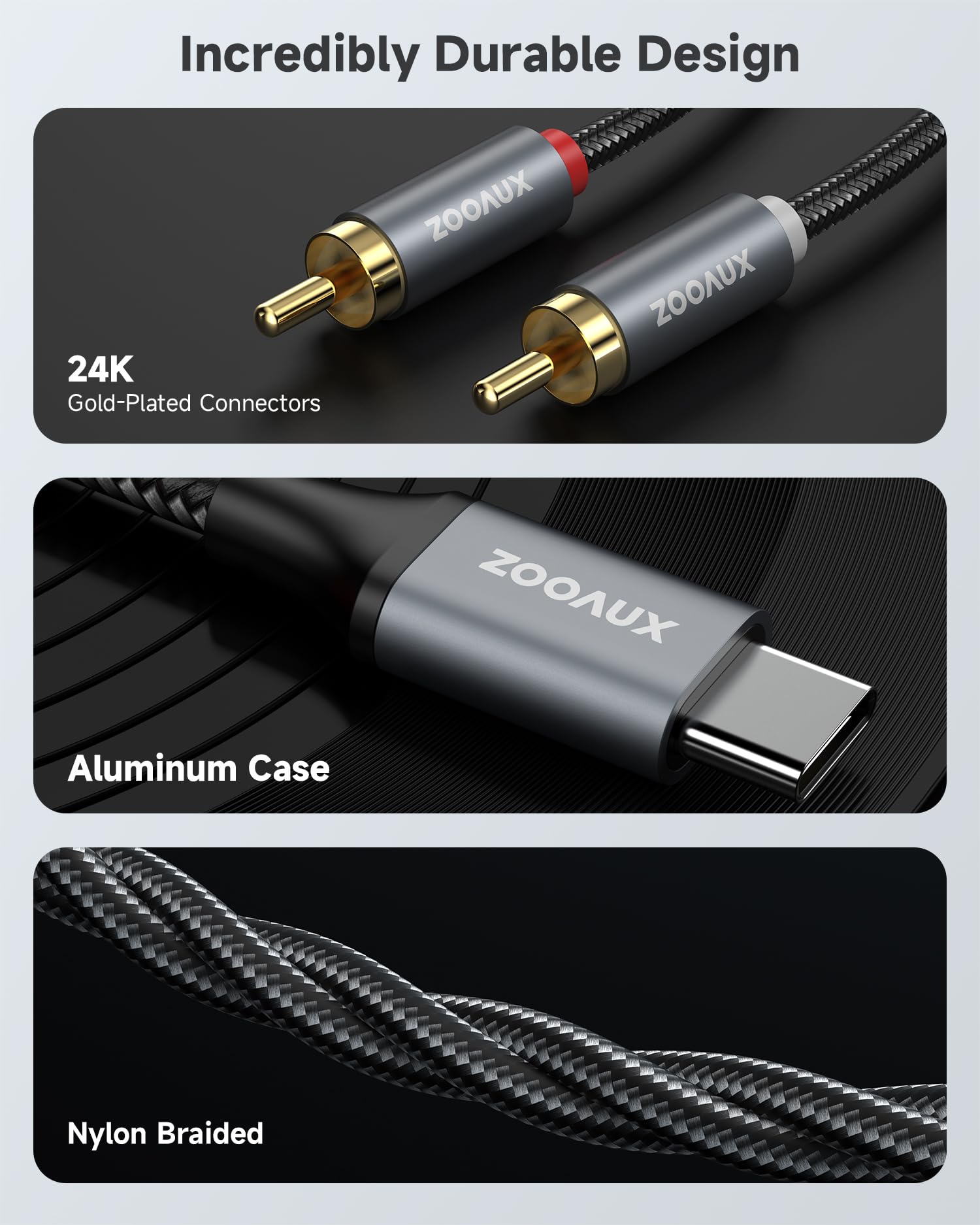 ZOOAUX USB C to RCA Audio Cable - 4FT Type C to 2RCA Male Adapter for iPhone 16/15, Samsung, Pixel - Car Stereo, Home Theater & Speaker Connection - Compatible with Amplifiers, Sound Systems & Aux Devices