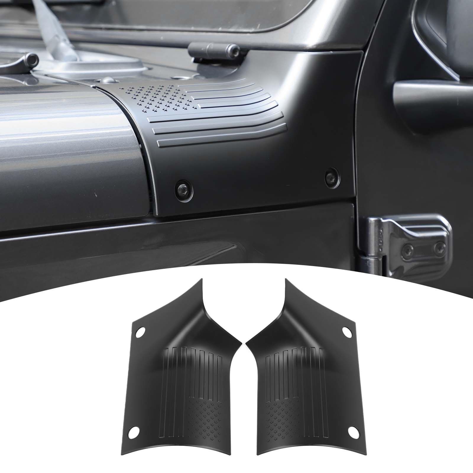 Jeep JL Cowl Body Armor Corner Guards & Hood Cover with American Flag - Matte Black Exterior Accessories for 2018-2024 Jeep Wrangler JL/JLU & Gladiator JT (2-Piece Set) - Off-Road Protection & Stylish Upgrade