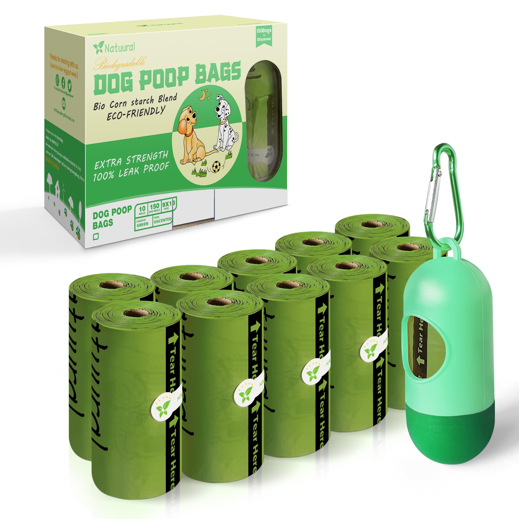 **150 Count Biodegradable Dog Poop Bags with Leash Dispenser (10 Rolls) – Eco-Friendly, Thick & Easy-Open Dog Waste Bags for Clean Walks & Outdoor Adventures (Green)**