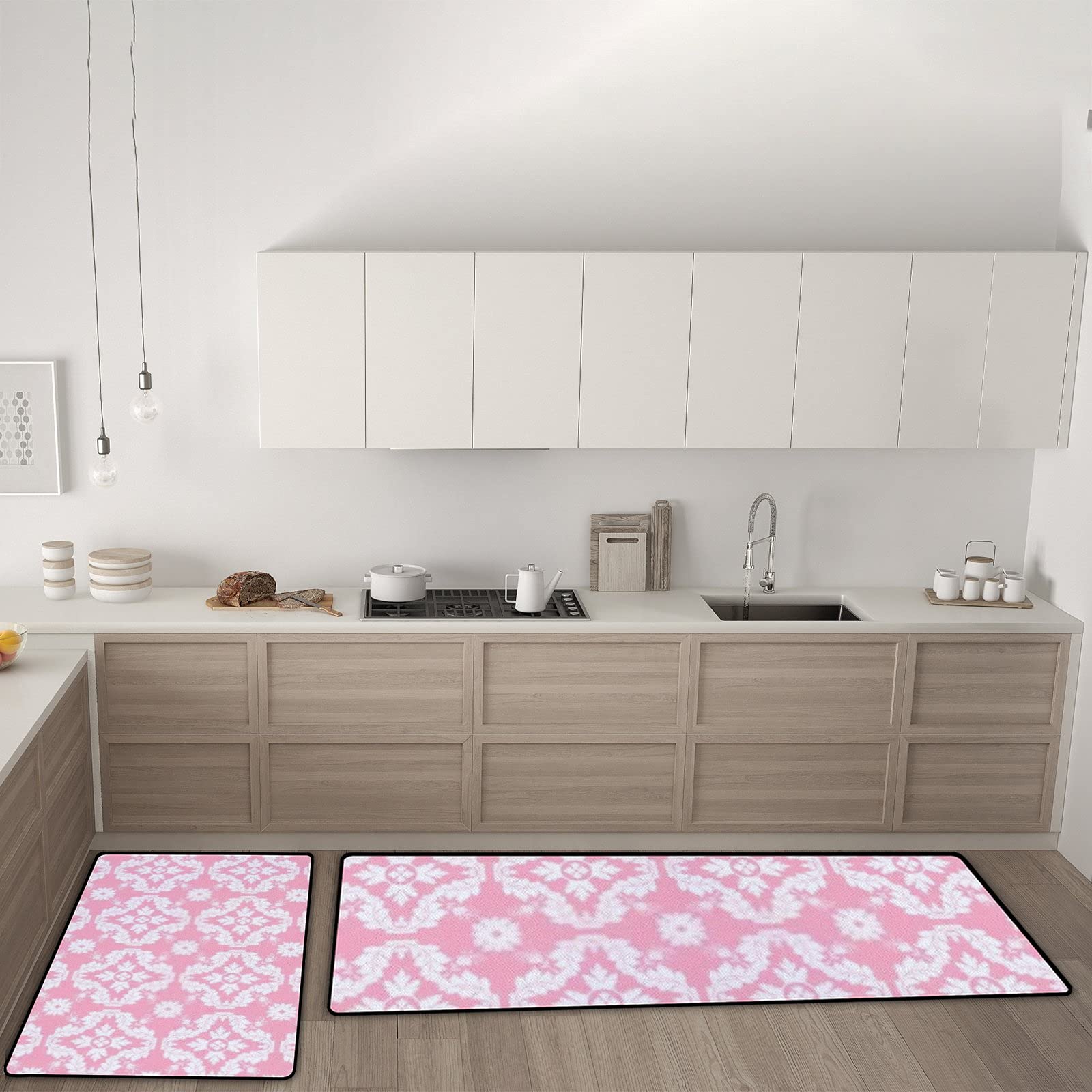 2-Piece Anti-Fatigue Kitchen Rugs Set - Non-Slip Washable Floor Mats in Pink & White Damask Pattern for Comfortable Standing - Perfect for Kitchen, Home, Office & High-Traffic Areas