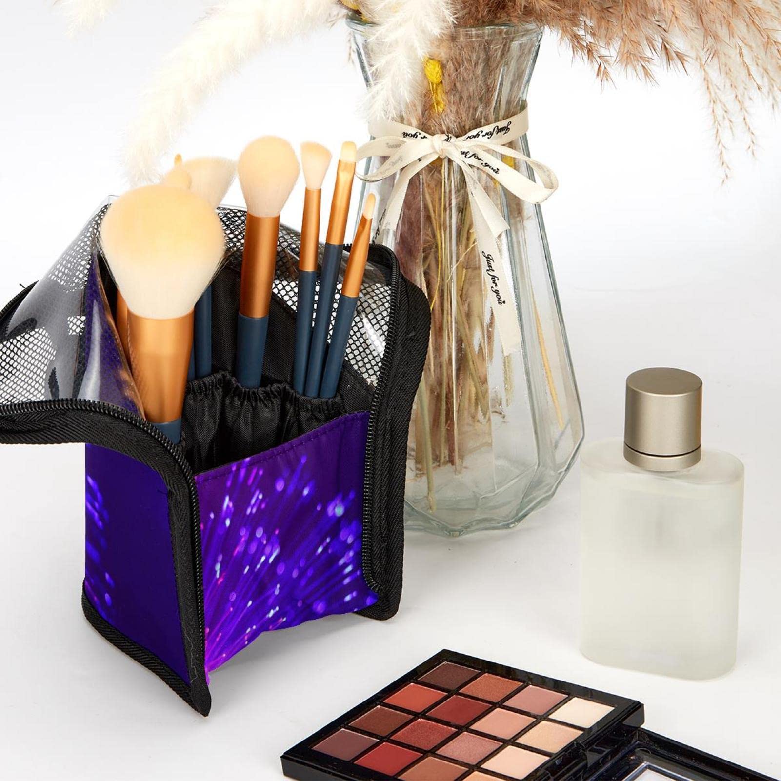 12-Piece Makeup Brush Organizer Bag with Purple Light Lines - Portable Travel Cosmetic Brush Holder Case for Professional & Home Makeup Artists
