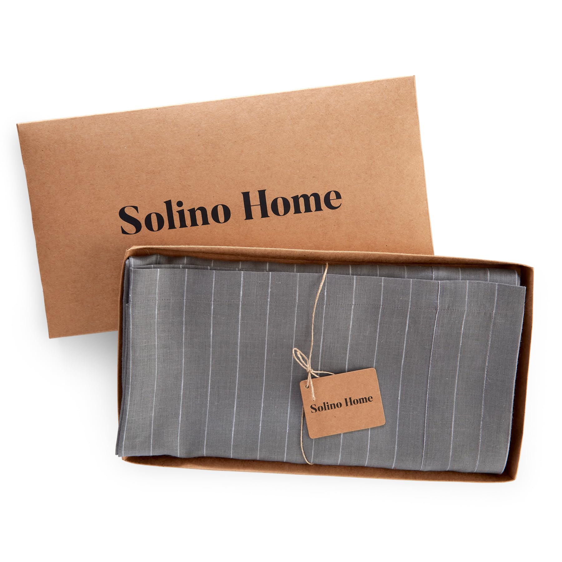 Solino Home 100% Pure Linen Tablecloth 60x120 Inches - Handcrafted Grey & White Pinstripe Table Cover for Dining Room, Spring & Easter Decor - Machine Washable for Easy Care - Perfect for Dinner Parties, Holiday Gatherings & Home Styling