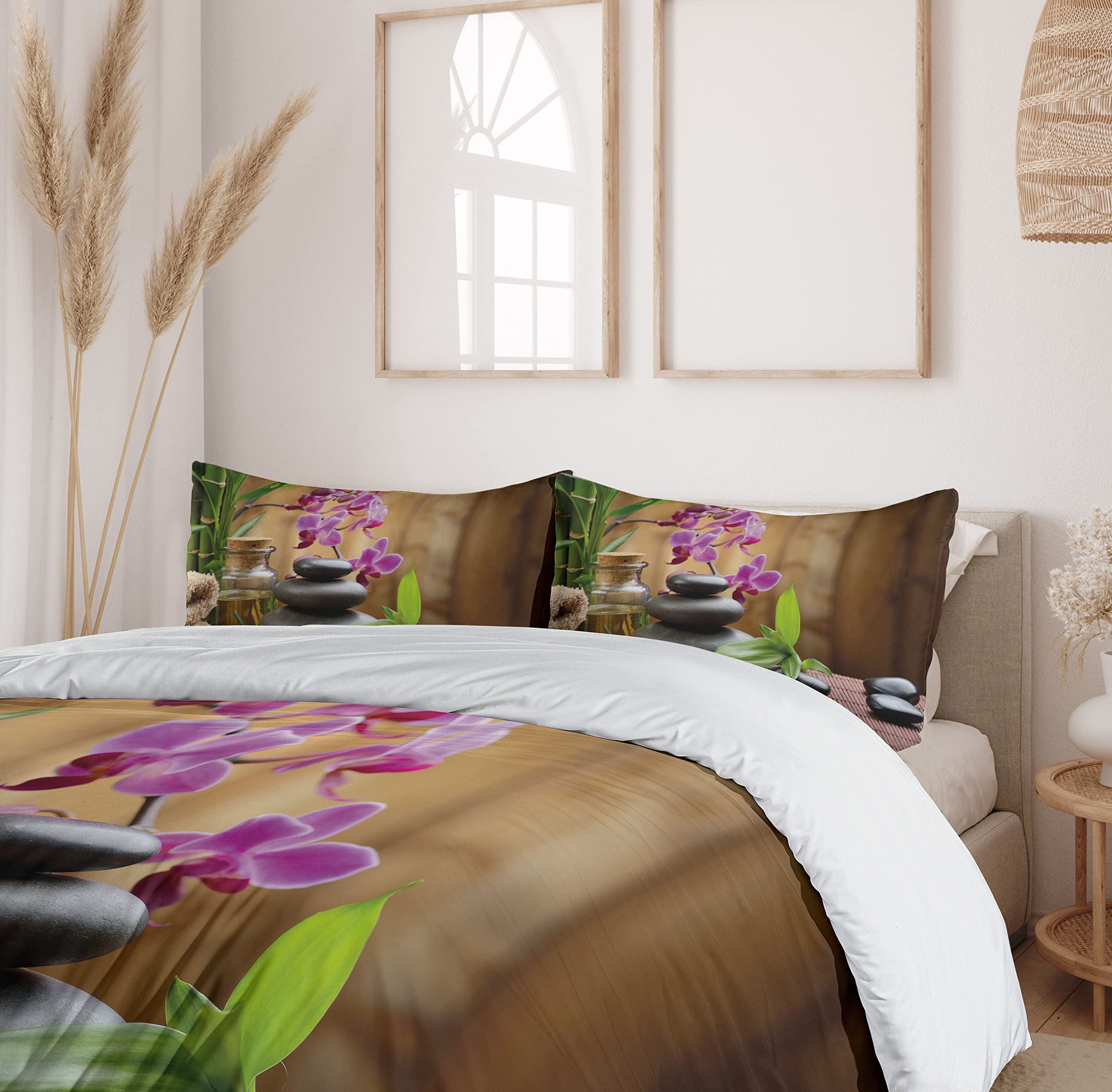 Ambesonne Spa Duvet Cover Set 3-Piece - Warm Welcoming Spa Design with Healing Stones, Candles & Floral Print - California King Size Bedding Set with 2 Pillow Shams in Purple, Black & Green - Perfect for Relaxing Bedroom Retreat & Spa-Themed Home Decor