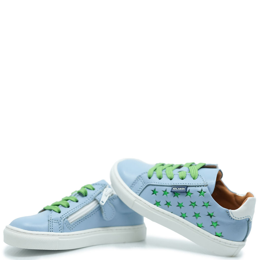Atlanta Moccasin Sneakers for Women - Sky Blue & Green Star Pattern Comfortable Slip-On Shoes | Perfect for Casual Wear, Walking & Outdoor Activities