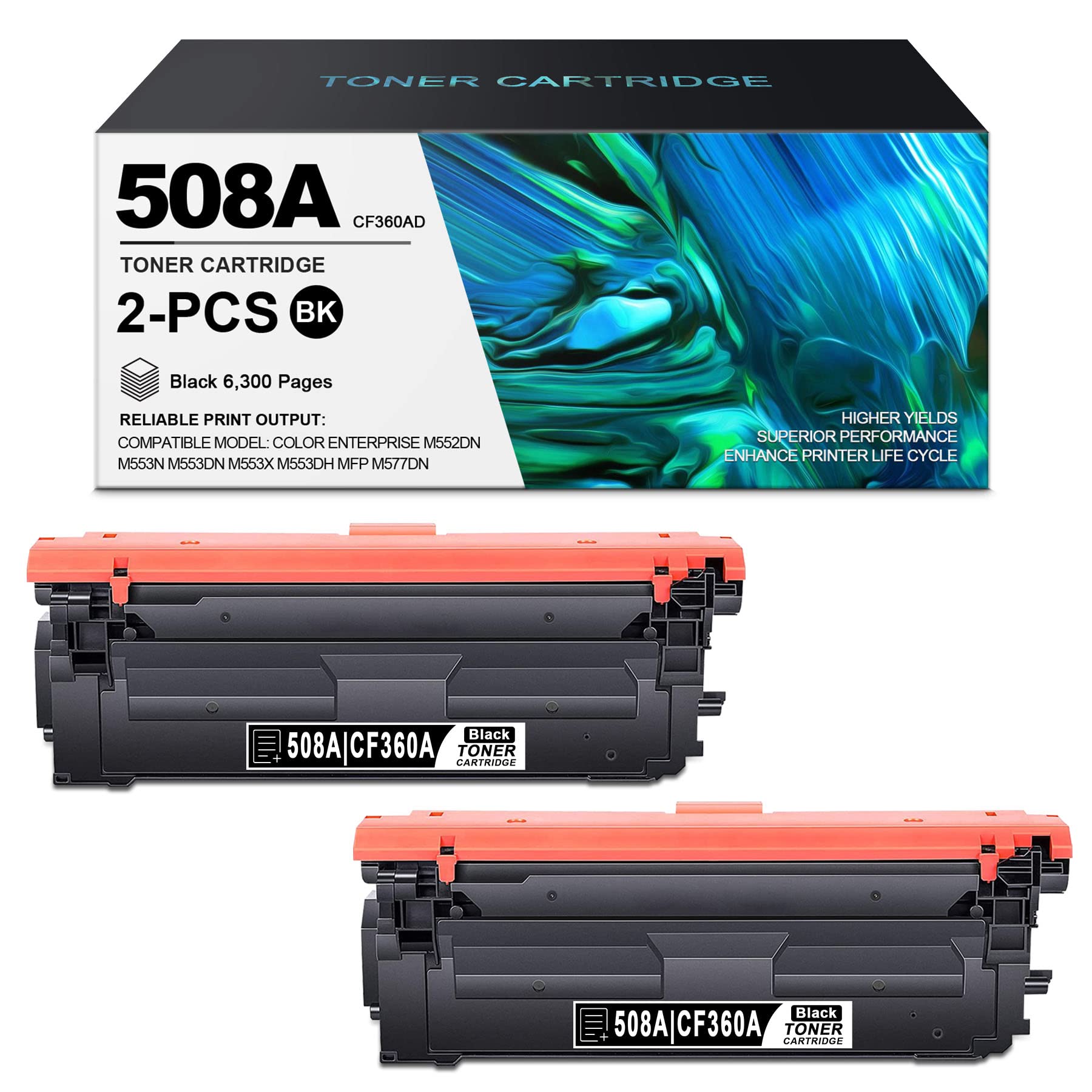 2 Pack Black 508A Compatible Toner Cartridge Replacement for HP CF360AD - Works with HP Color Enterprise M553n, M553x, M553dh, M553dn, M552dn, MFP M577z, M577f, M577c, M577dn Printers - Ideal for Office & Home Printing Needs