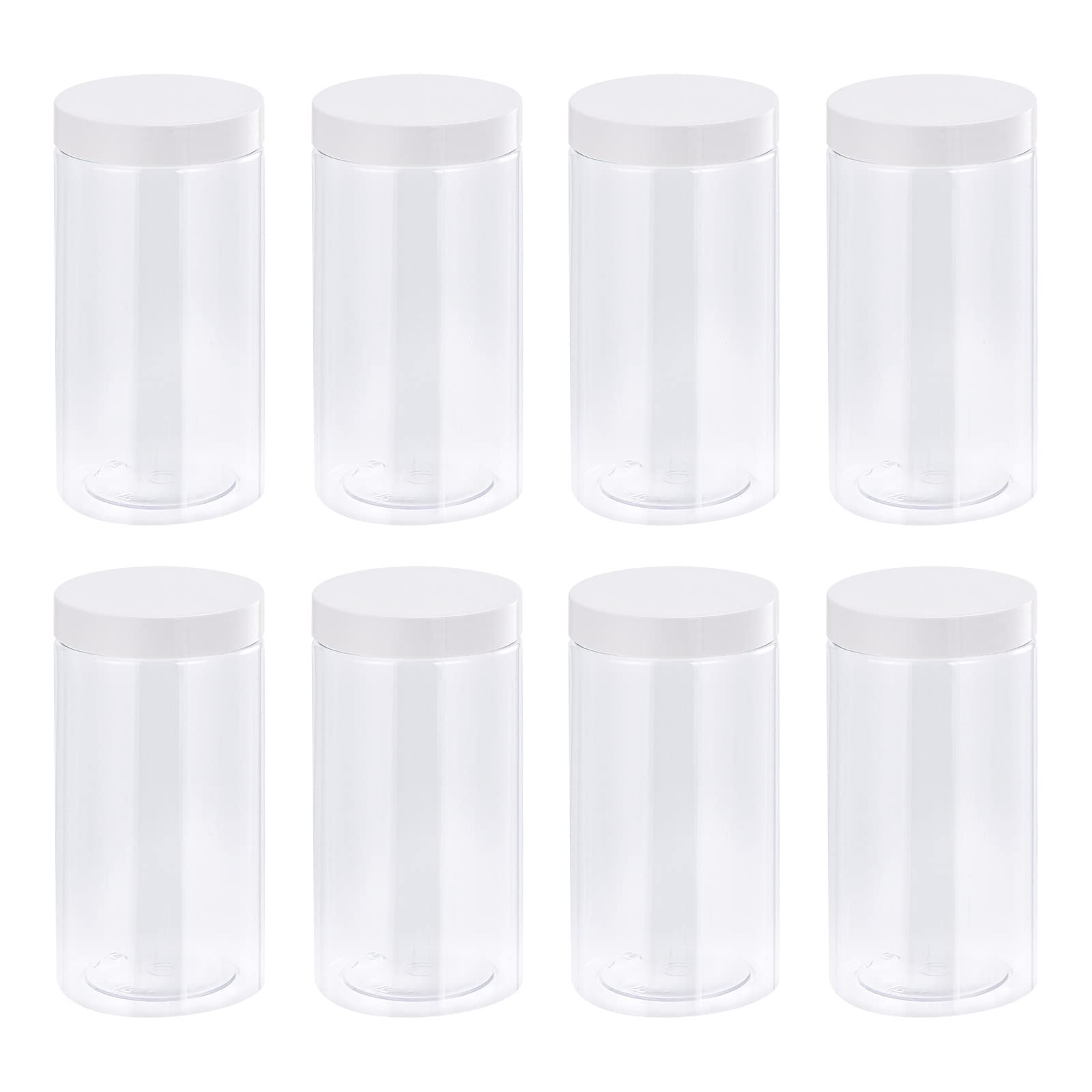 34oz/1000ml Clear Round Plastic Jars with White Screw Top Lids - 8-Piece Wide Mouth Empty Containers Set for Food Storage, Craft Supplies & Home Organization | Perfect for Pantry, DIY Projects & Office Organizing