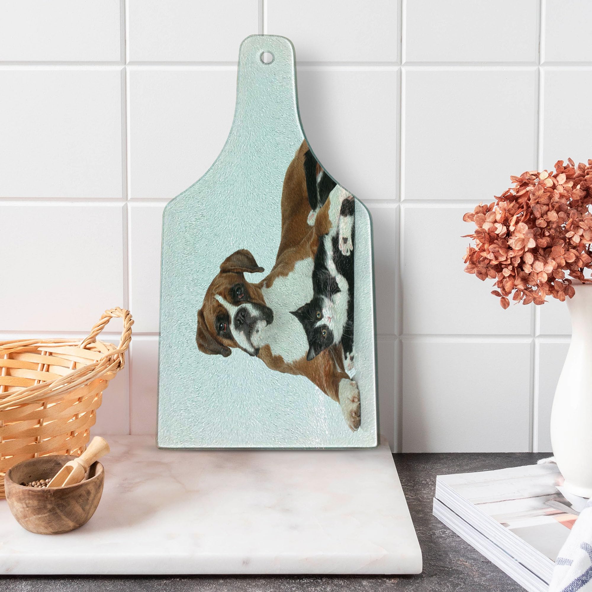 Ambesonne Animal Themed Tempered Glass Cutting Board - Cat and Dog Design, Wine Bottle Shape, Brown Black White - Perfect for Kitchen Use, Serving Charcuterie, Cheese, and Wine Pairing