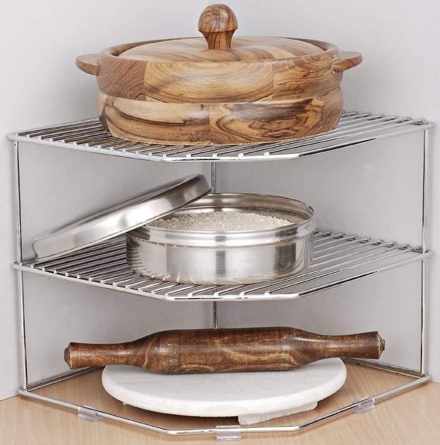 Heavy Duty 3-Tier Steel Corner Storage Rack for Kitchen - Freestanding Plate, Dish, Pot & Pan Organizer with Silver Finish | Space-Saving Solution for Small Kitchens, Pantries & Bathroom Storage