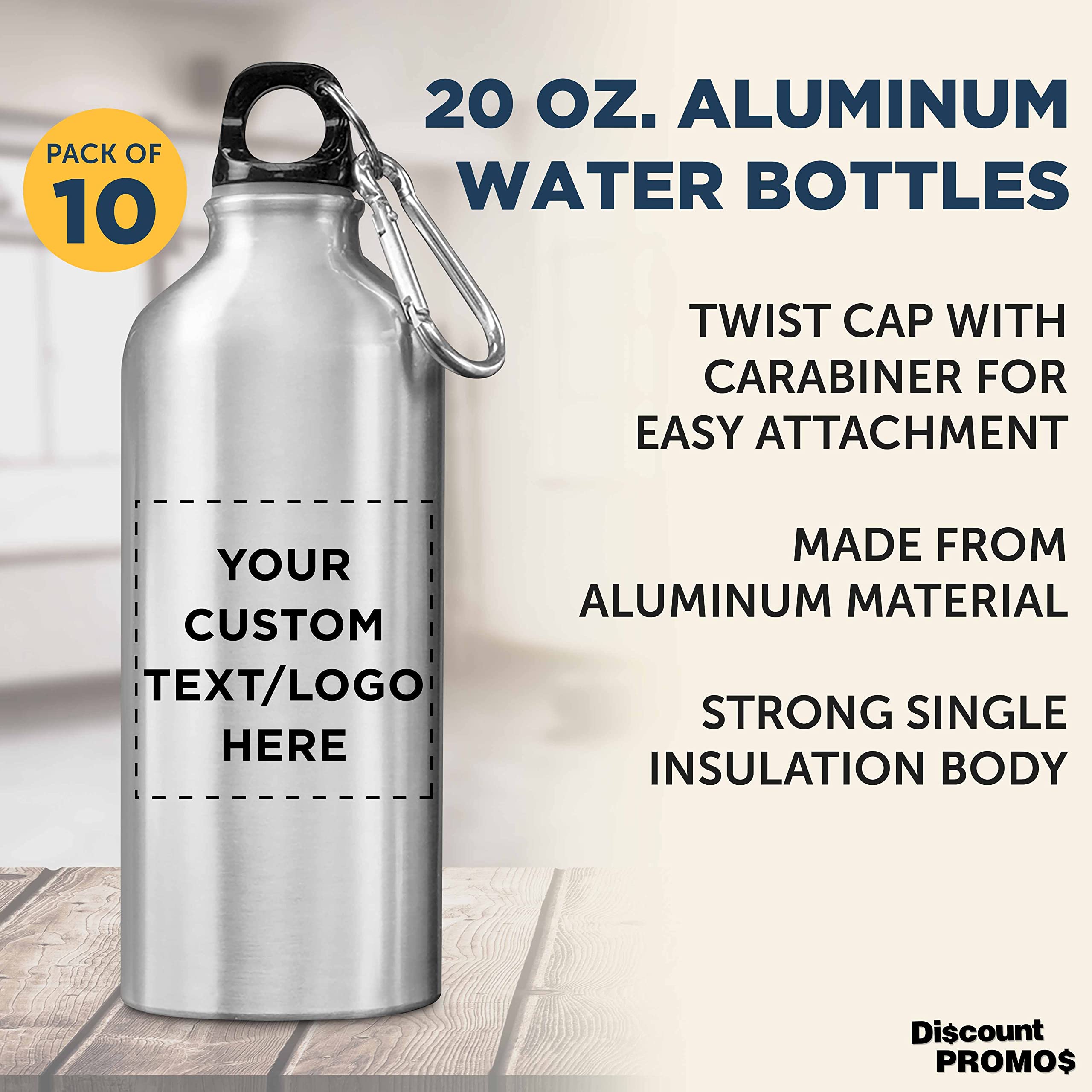 Custom 20 oz Aluminum Water Bottles Bulk Pack of 10 - Personalized & Reusable Gym Bottles for Hiking, Camping, Sports & Outdoor Activities - Silver Metal Water Bottle Set - Ideal for Fitness, Travel & Office Use