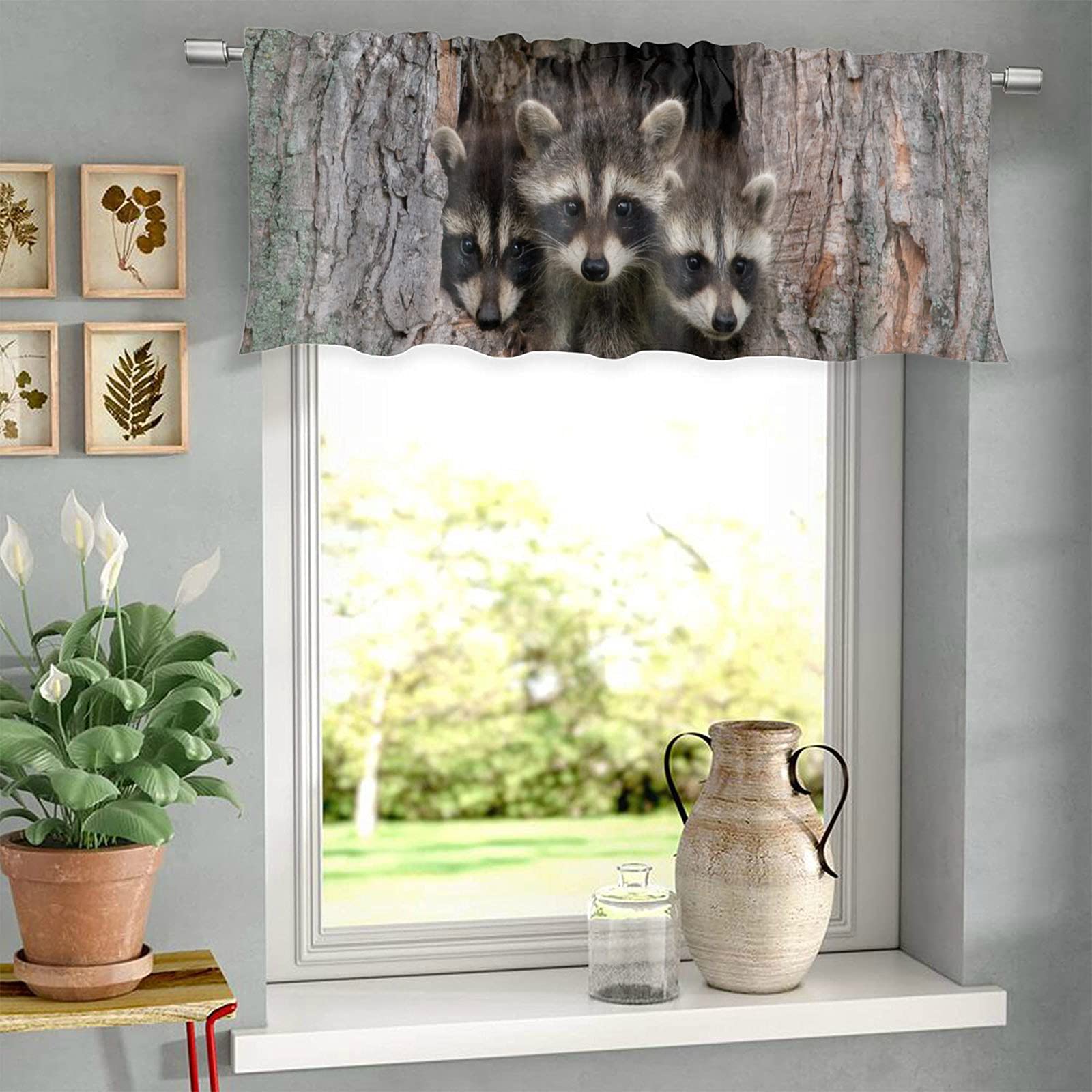 YUMOING Blackout Curtains 58x18 Inch - Cute Raccoon Forest Design, Linen Blend Window Shades for Bedroom & Kitchen Decor | Perfect for Light Blocking, Privacy & Room Darkening