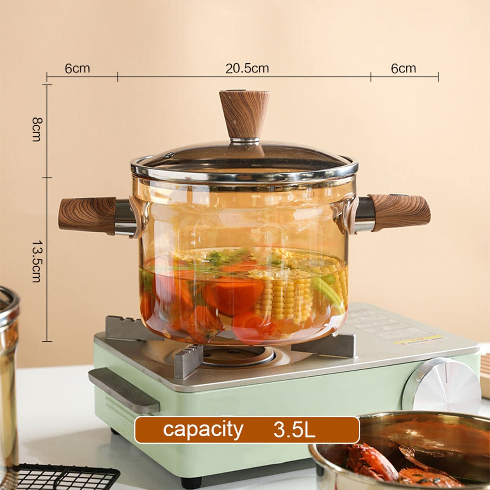 Premium Clear Amber Glass Cooking Pot - 3.5L Heat-Resistant Stockpot with Wood Handle for Soup, Stew, Noodles & Milk - Stovetop, Open Fire & Oven Safe - Perfect for Camping, Kitchen & Restaurant Use