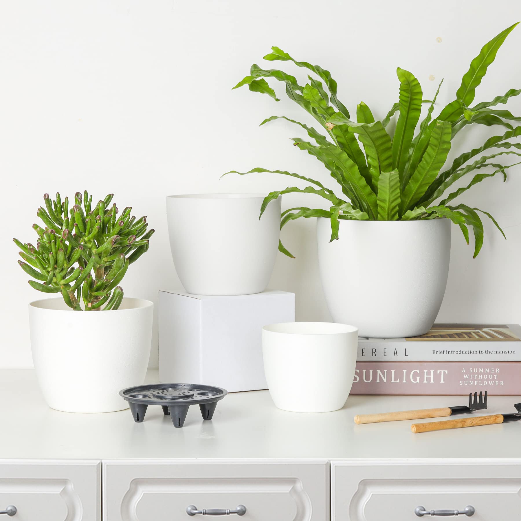 T4U 7 Inch Self Watering Planters - White Plastic Flower Pots Set of 6 | Modern Decorative Indoor/Outdoor Plant Pots for House Plants, Herbs, Succulents, African Violets | Perfect for Windowsill, Balcony, Garden & Home Decor