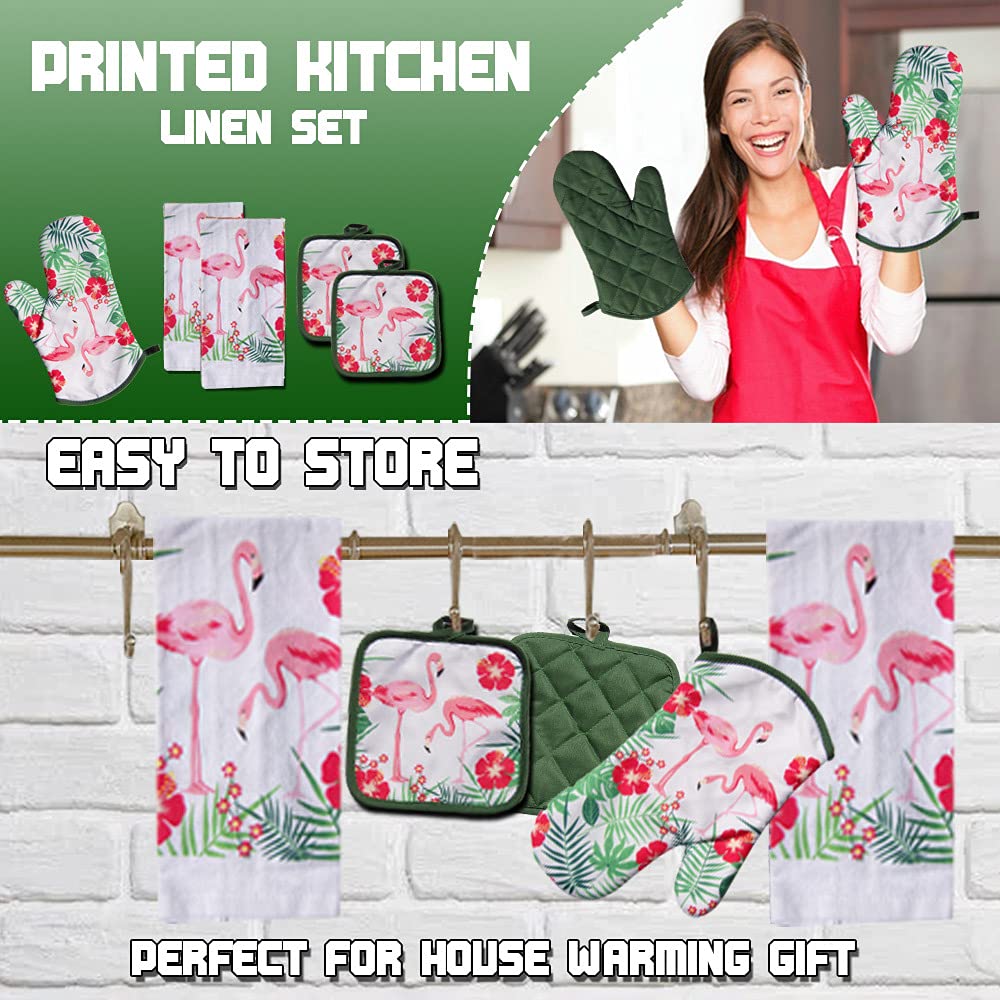Lobyn 5-Piece Tropical Kitchen Towel Set with Pink Flamingos - 2 Decorative Dish Towels, 1 Oven Mitt & 2 Potholders - Soft & Absorbent for Cooking, Baking & Kitchen Decor