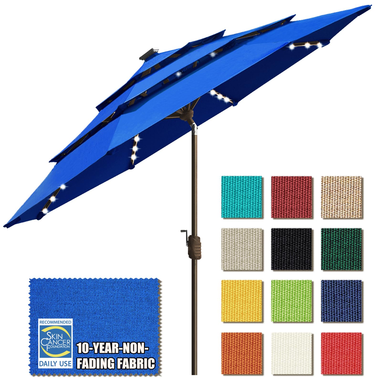 EliteShade USA 9ft Solar Powered 3-Tier Patio Umbrella with 80 LED Lights - Royal Blue Outdoor Market Umbrella with Ventilation & 5-Year Fade Resistant Canopy - Perfect for Backyard, Poolside, Restaurant & Outdoor Dining Areas