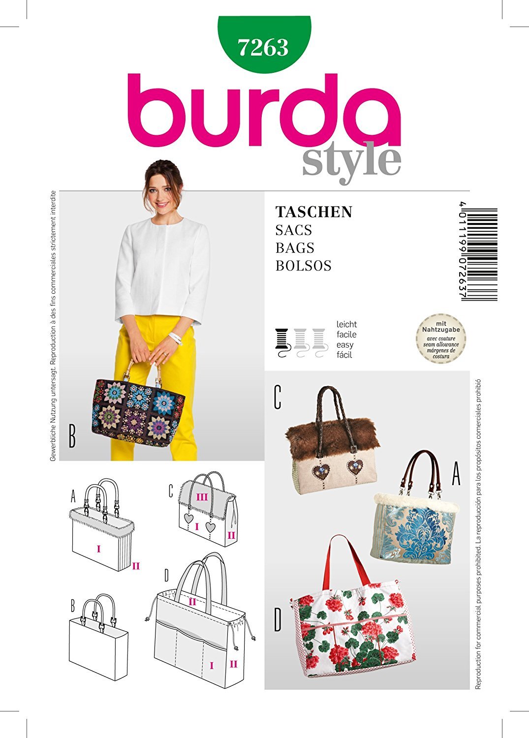 Burda Style Sewing Pattern 7263 - DIY Tote Bags & Handbags for Women | Fashionable & Customizable Bag Making Kit for Crafters & Sewing Enthusiasts | Perfect for Shopping, Work & Everyday Use